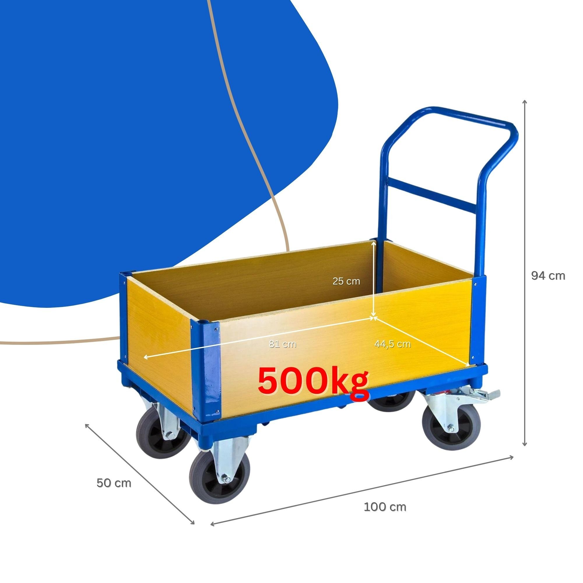 PROREGAL® Handwagen Transportwagen mit 4 Wänden, HxBxL 94x50x100cm, Traglast 500kg, Blau
