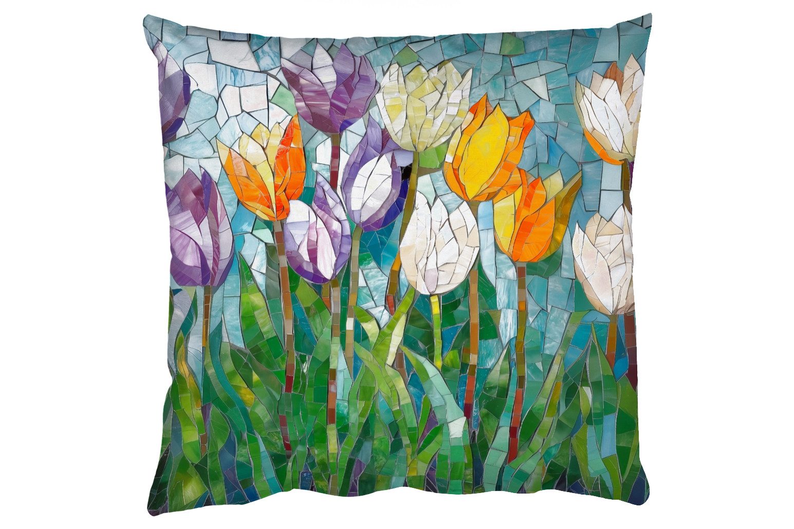 MuchoWow Dekokissen Mosaik - Feld - Tulpen - Farbenfroh, Zierkissen mit Kissenfüllung, Deko, Sofakissen, 50x50 cm