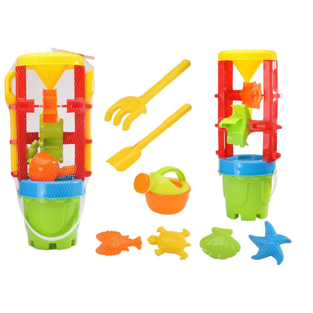 LEAN TOYS Sandmühle Sandspielzeug Strandspielzeug Sandmühlenset, (Spar-Set, 1-tlg., 36 x 21 x 18 cm bunt), Sieb & Trichter, 2 Drehräder, 8 Zubehörteile
