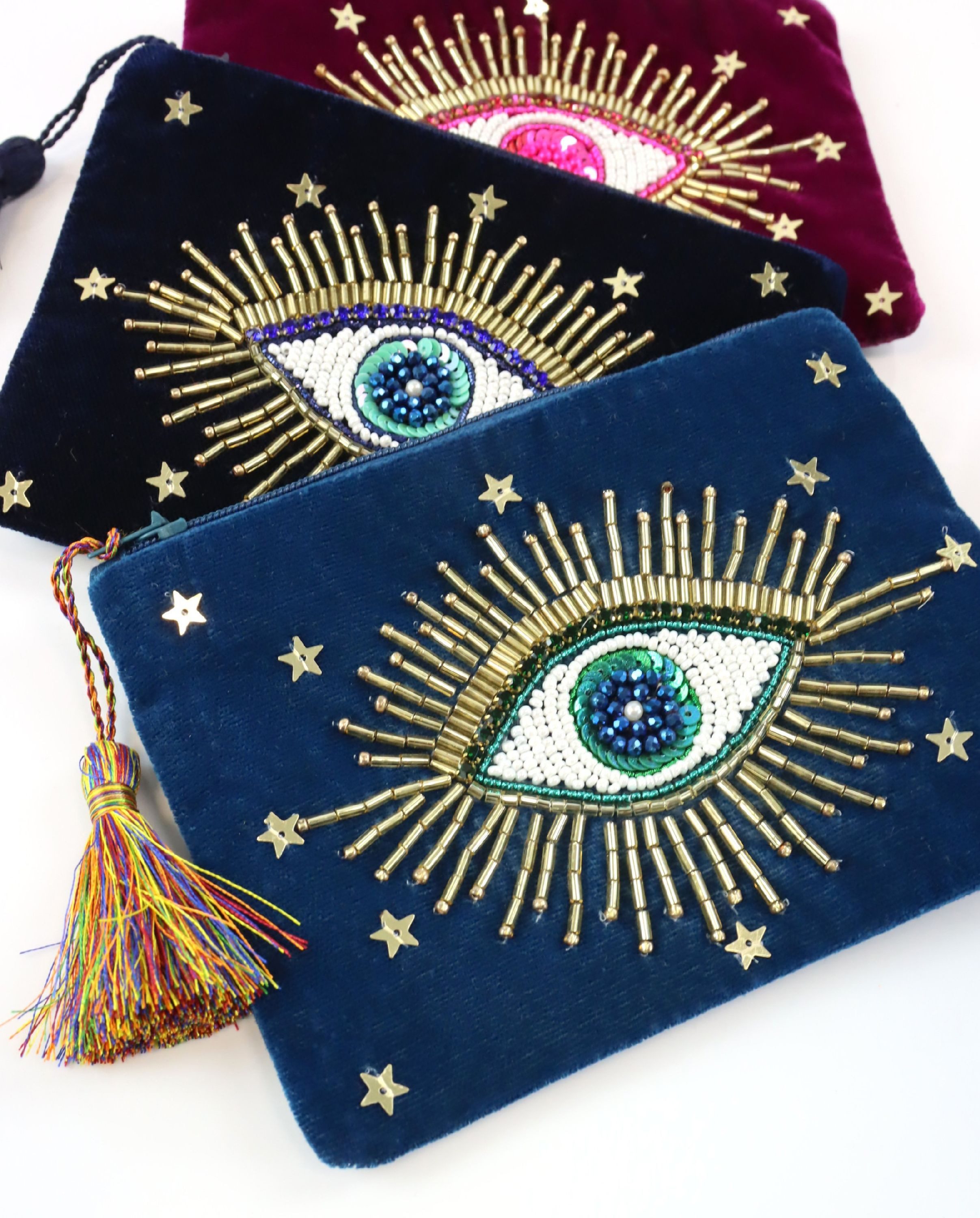 FURNARO Handtasche (3-tlg. Taschenset), Aufwendig besticktes Augenmotiv mit Perlen und Zierdetails