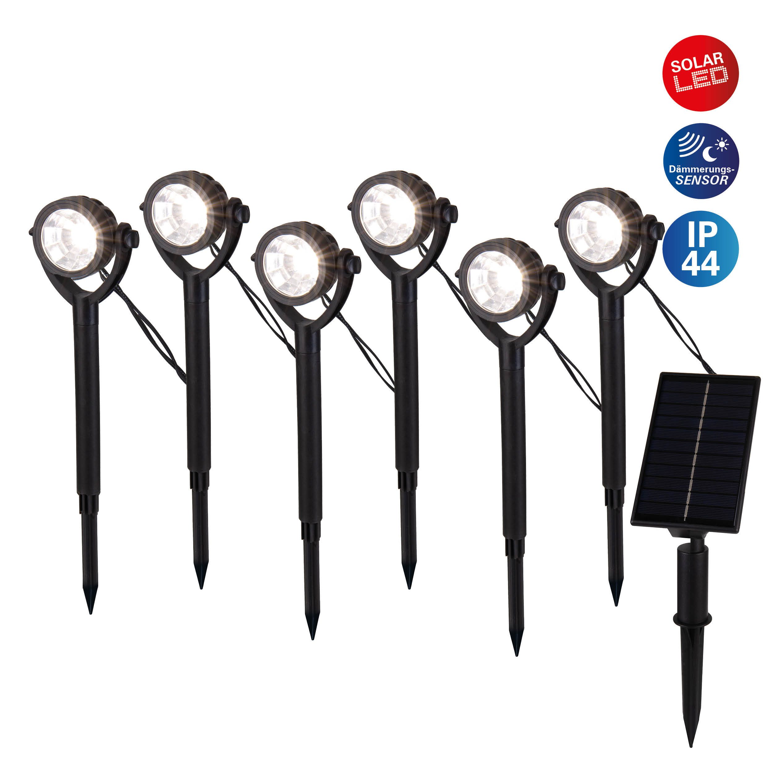 näve LED Solarleuchte Nomi, Ein-/Ausschalter, Tageslichtsensor, LED fest integriert, Warmweiß, Erdspieß 6er Set, inkl. Dämmerungssensor, Abstrahlwinkel: 90°, schwarz
