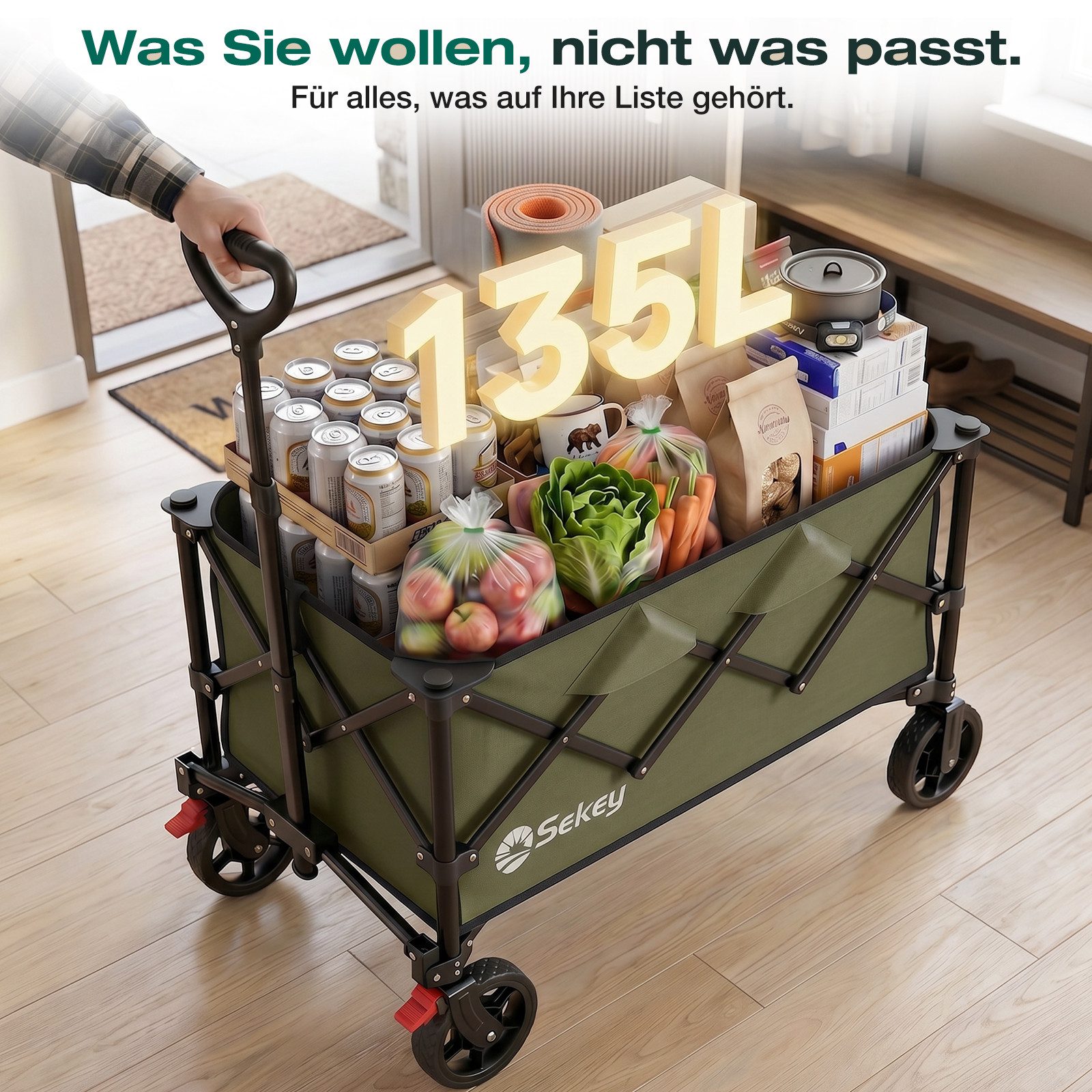 Sekey Bollerwagen Bollerwagen Faltbar Handwagen Belastbar bis 150kg Transportwagen, Zusammenfaltbar aus 4 Richtungen, mit verstellbarem Handgriff – Bild 3 von 5