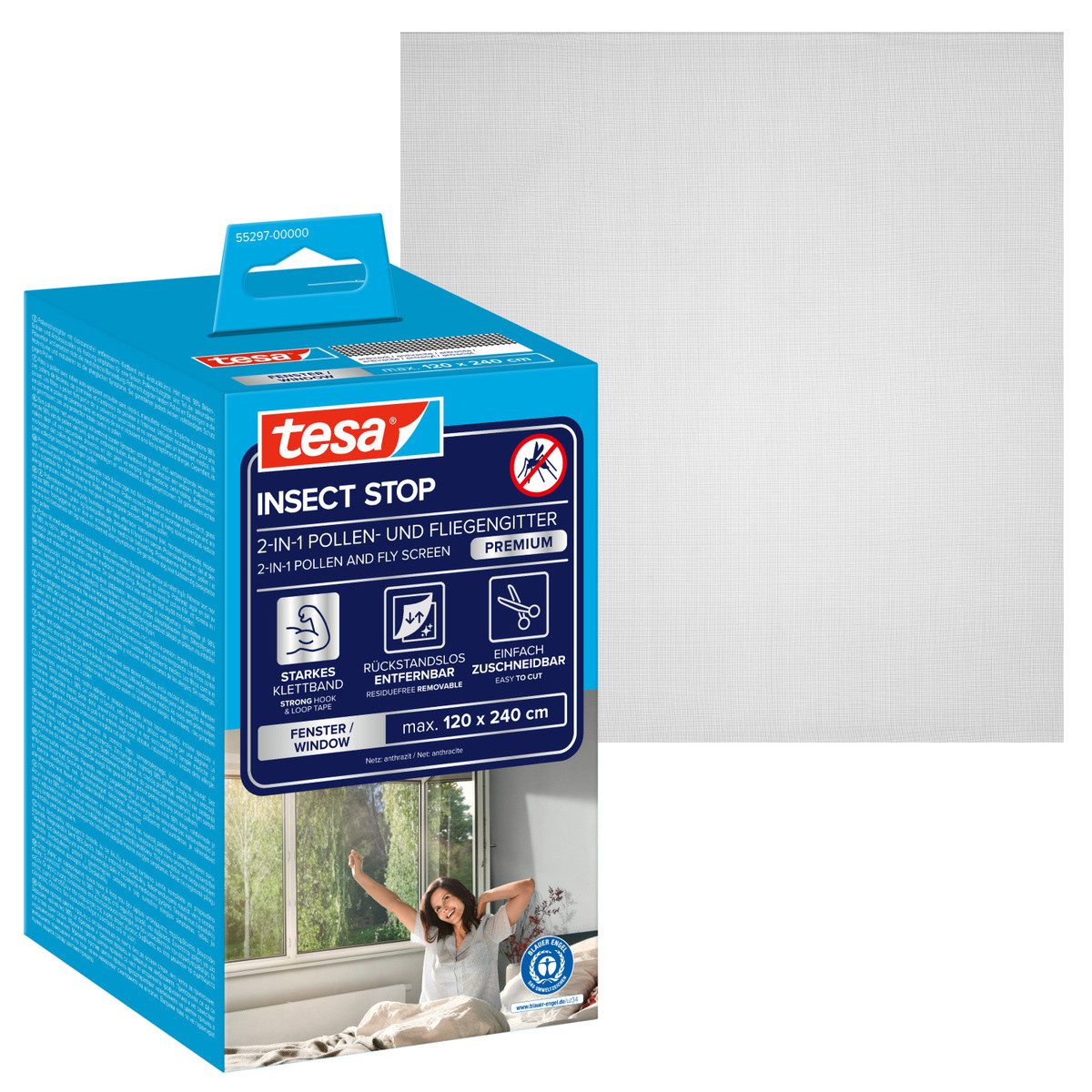 tesa Fliegengitter-Gewebe Pollenschutzgitter 2-in-1 Pollenschutz und Fliegengitter, (Packung, 1-St., Fliegennetz, Klettband), ohne Bohren - 120x240 cm