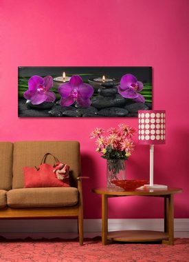 Levandeo® Glasbild, Glasbild 80x30cm Wandbild aus Glas rosa Orchideen Steine Wellness