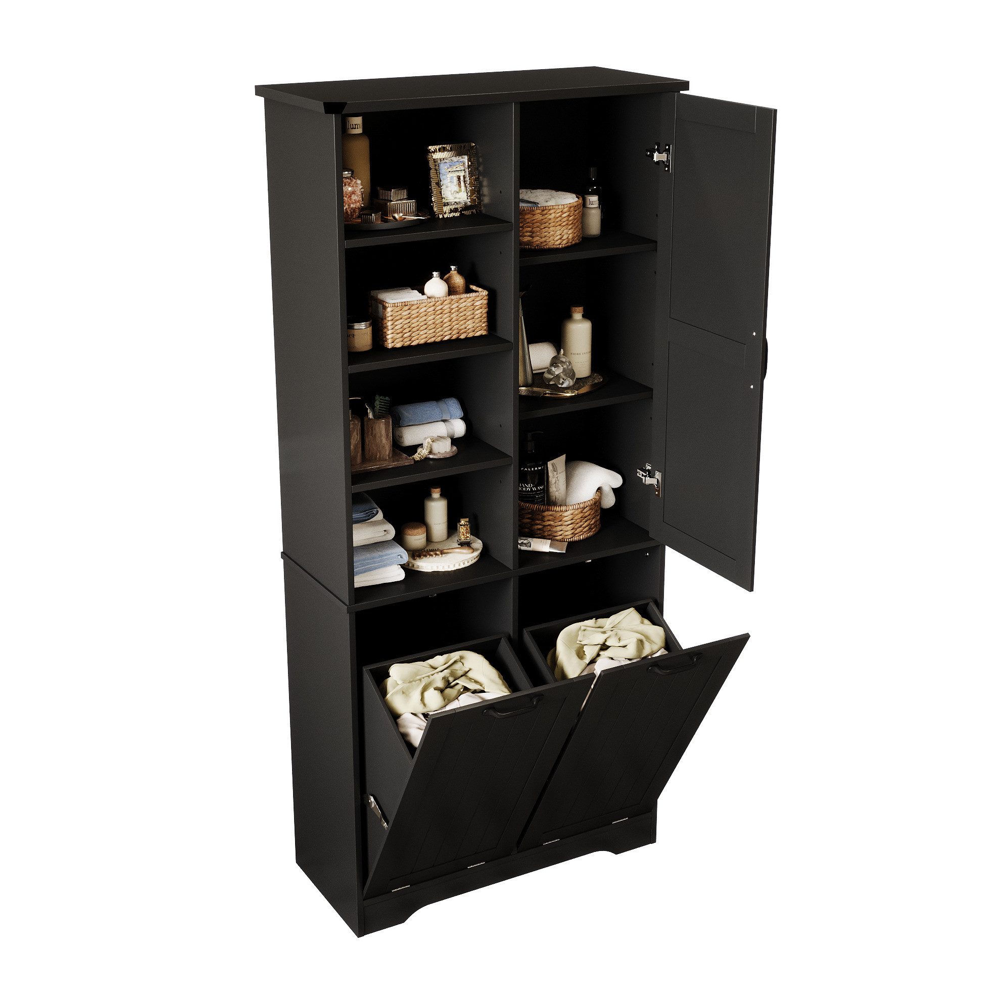 REDOM Badkommode Badezimmer-Waschtisch (schwarzes MDF-Set mit Keramikwaschbecken und Wäschesystem, 1 St., Waschtisch 76×46,5×85,5 cm + Schrank 78×35×172 cm), mit 2 verstellbaren Regalen