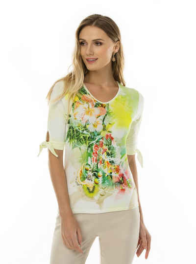 Passioni Print-Shirt T-Shirt mit Blumendruck und süßem Bindeband am Arm T-Shirt mit Druck und Strassdekoration