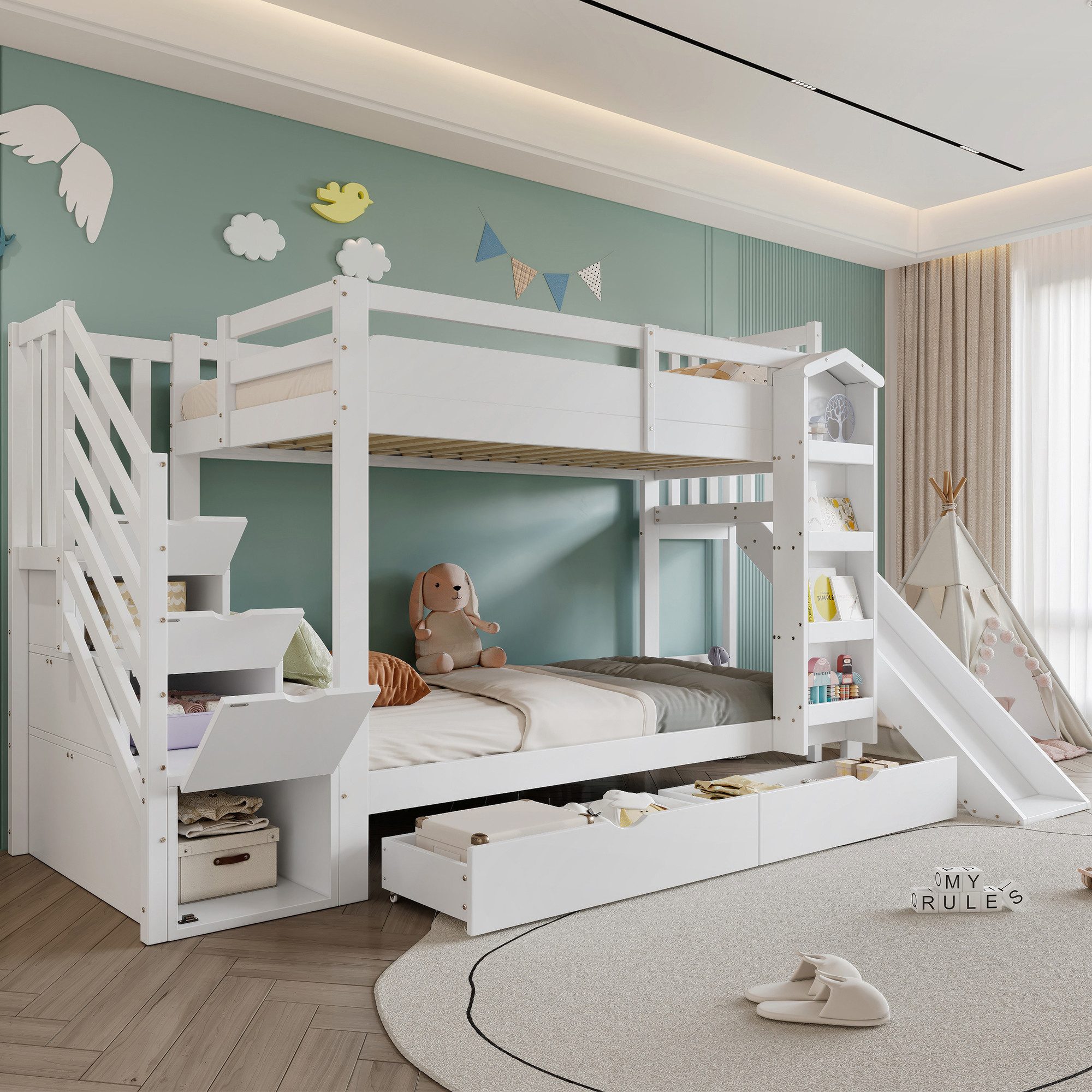 Flieks Etagenbett, Kinderbett 90x200cm mit Bücherregal Schubladen Rutsche Stauraumtreppe