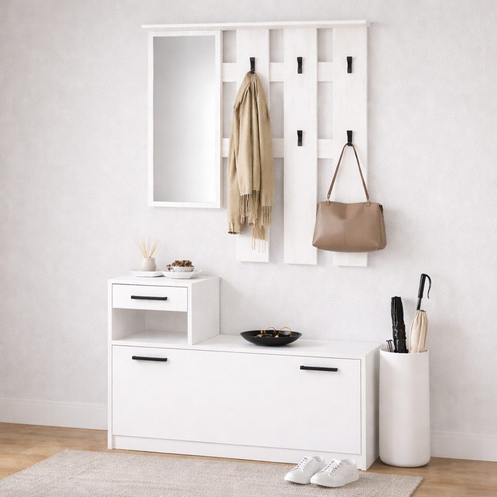 OTTO home Garderoben-Set Luna Kommode mit 1 Klappe + 1 Schubkasten, Paneel mit Spiegel 6 Haken, (2-St), Kompaktes Garderoben-Set für ein stilvolles und ordentliches Zuhause