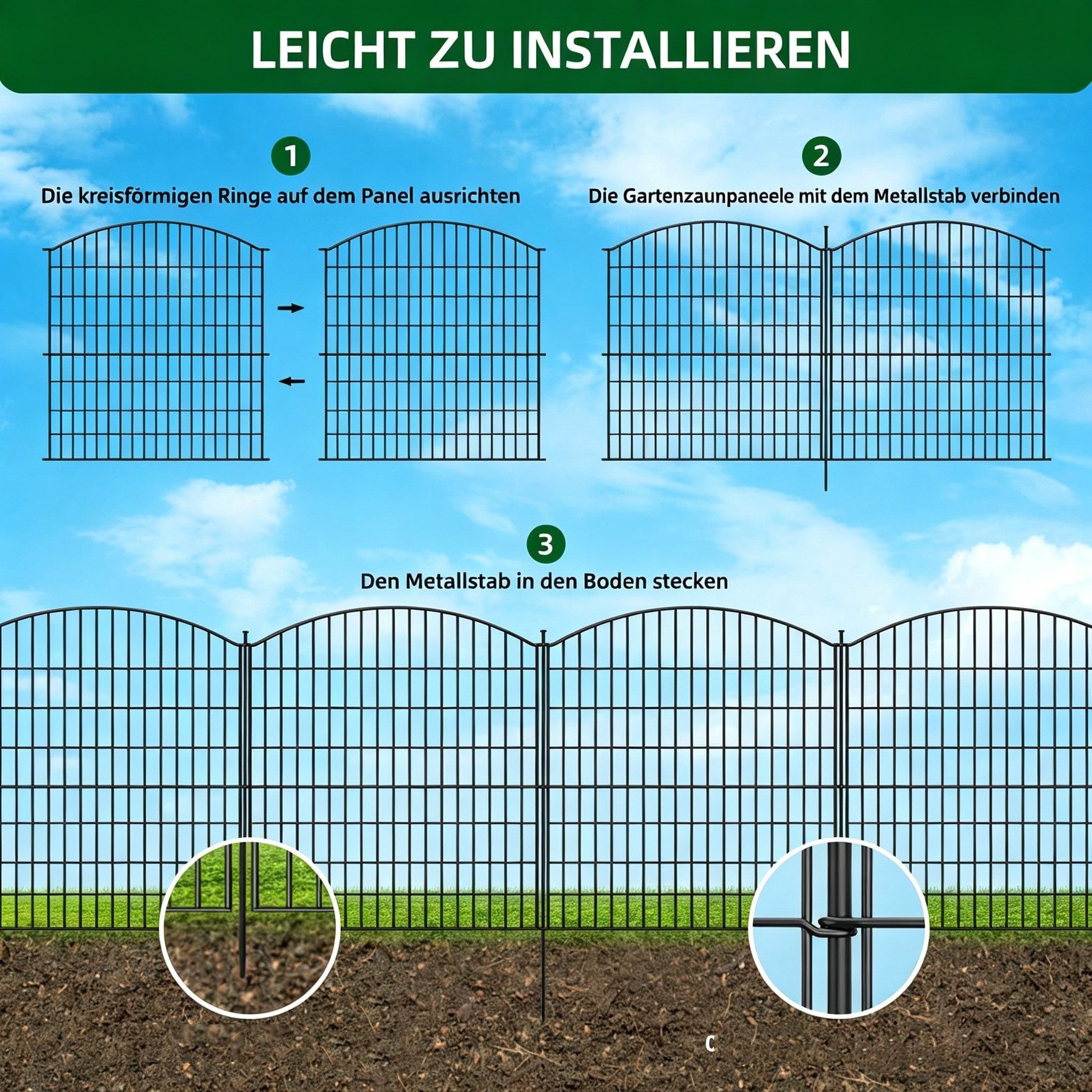 GarveeMore Gartenzaun Freien Stücke ohne Tür, Metall Gitterzaun aus Zaunelementen, (10-St) – Bild 3 von 5