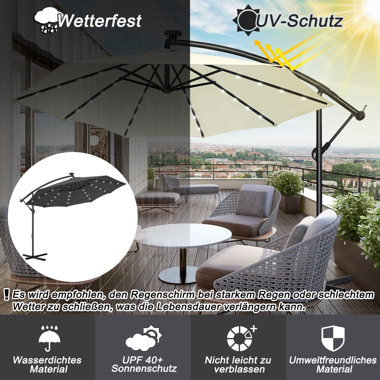 FIVMEN Sonnenschirm 300cm Balkonschirm Gartenschirm mit Solarbetriebene UV Schutz, Höhenverstellbarer Balkonschirm Gartenschirm Sonnenschirme – Bild 3 von 5