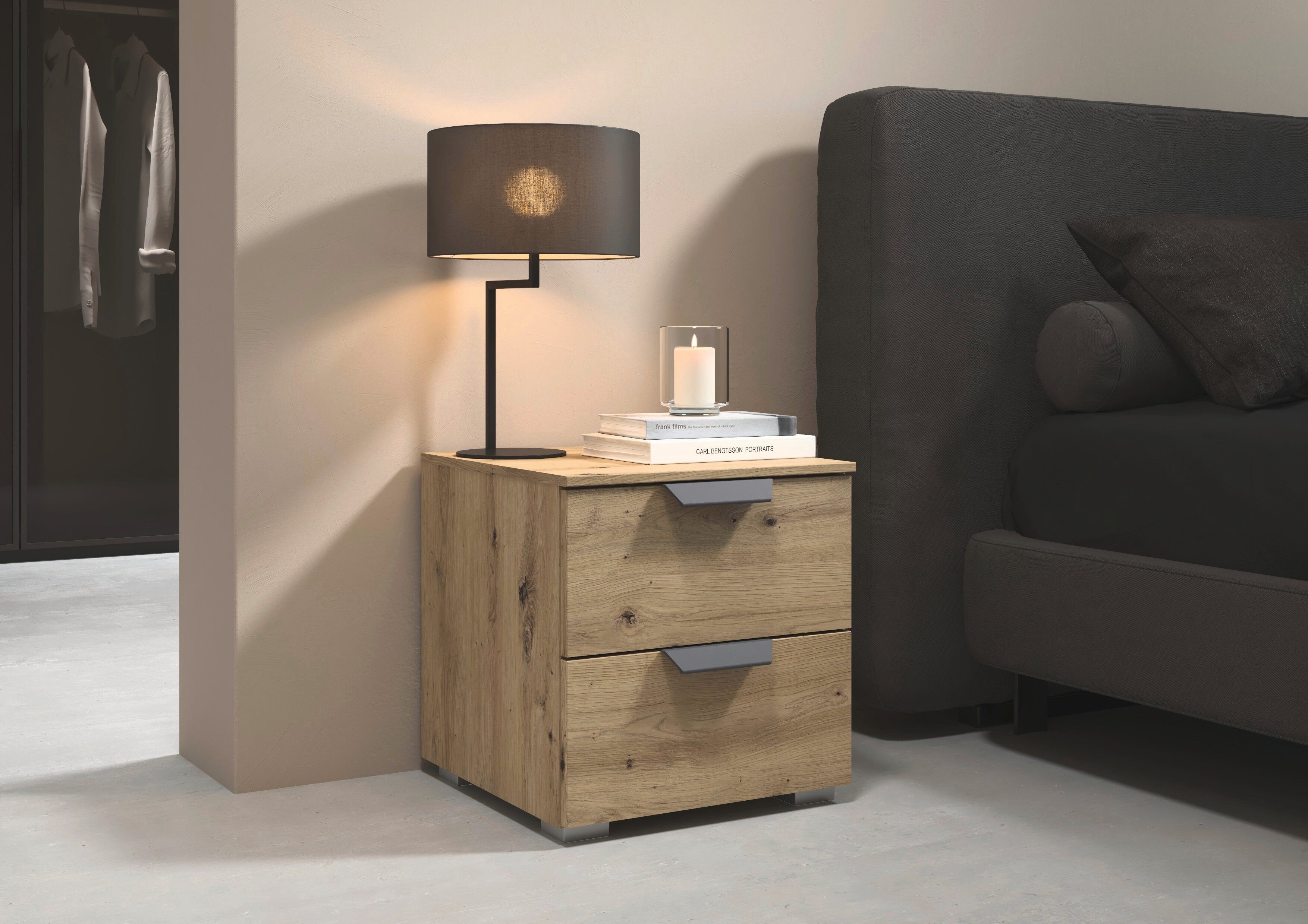 rauch Nachtkommode Nachttisch Nachtkonsole COSTA mit farblich passenden Metallgriffen (in 2 Griff-Farben, Breite 40 cm), zwei geräumige Schubladen MADE IN GERMANY