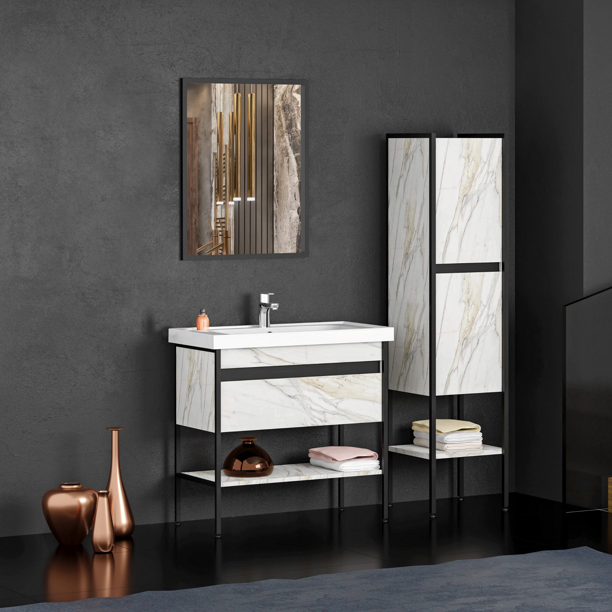 Karen Badmöbel-Set Badmöbel Set Hazar, (Komplett-Set, Standartmäßig 5-Teilig (Unterschrank, Spiegel, Waschbecken, Hängeschrank und Hochschrank), Unterschrank mit Schublade und Regal, Hochschrank mit Türen & Regalen), Marmor Design, MDF Lam-Beschichtung, Softclose