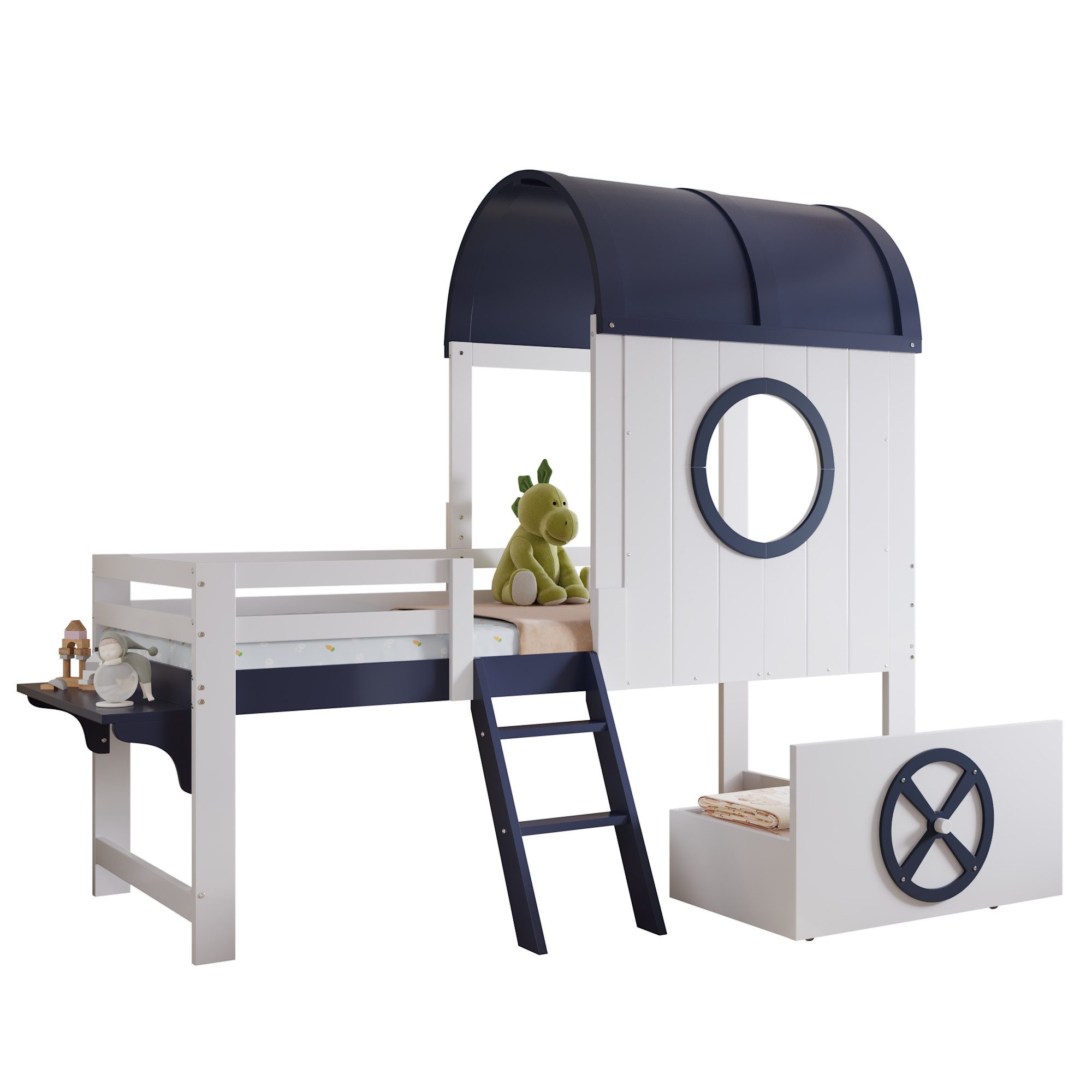 ANYSUN Etagenbett Kinderbett mit Dach und Fenster Untere Schublade mit Rollen (Set, Bett), mit Leiter