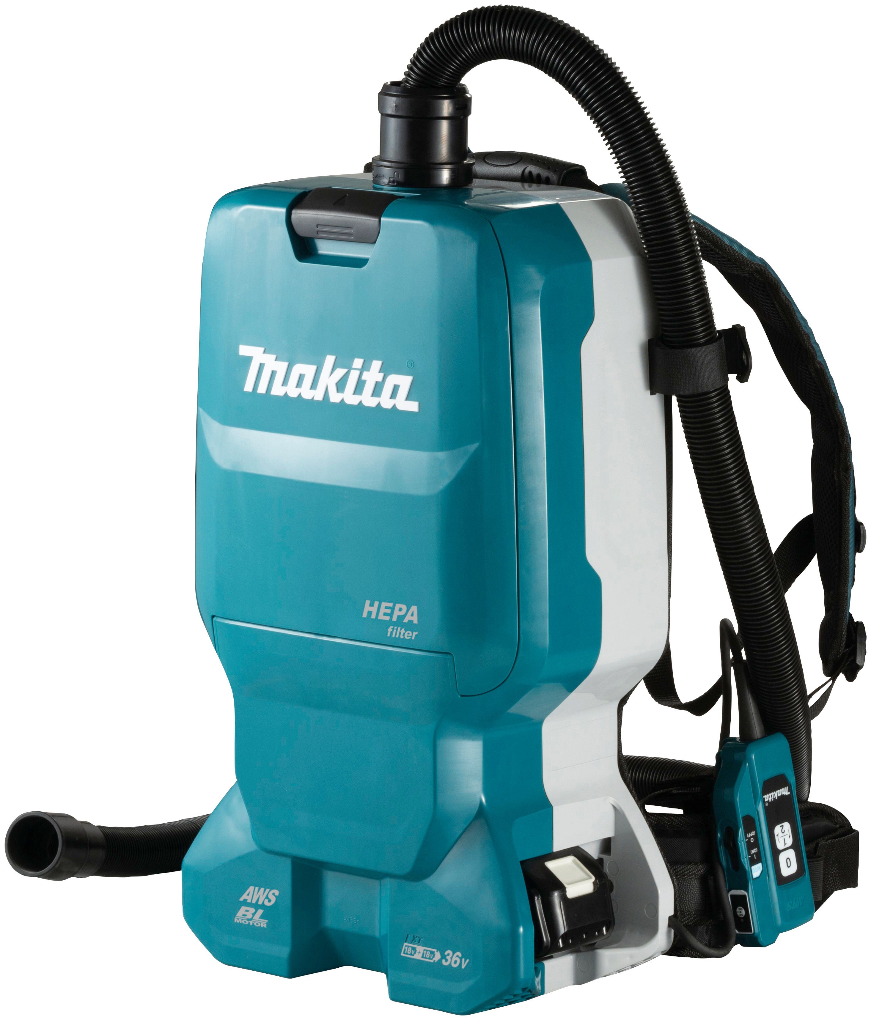 Makita Akku-Rucksackstaubsauger DVC665ZU, und ohne cm Akku Beutel, W, Ladegerät, Schlauchlänge 90 150 mit