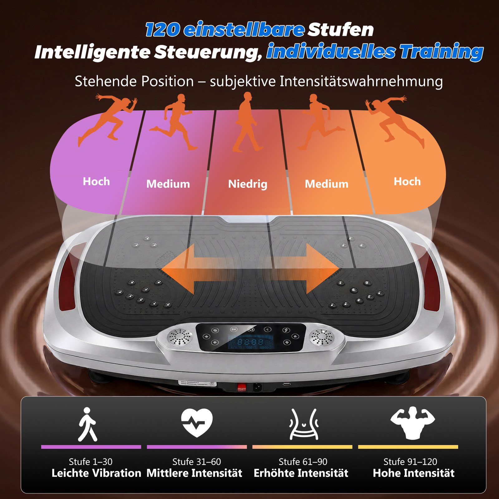 kehot Vibrationsplatte Vibrationsplatte mit 2 Widerstandsbänder, 5 Fitnessbänder, Bluetooth, 300 W, 120 Intensitätsstufen, Rüttelplatte Sport für Zuhause, Ganzkörpertraining für Home Workout