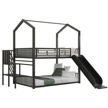DOPWii Etagenbett 140*200 cm Hausbett,Eisenrahmen Bett mit Schiebetüren,Hausmodellierung, stabil und zuverlässig, schwarz