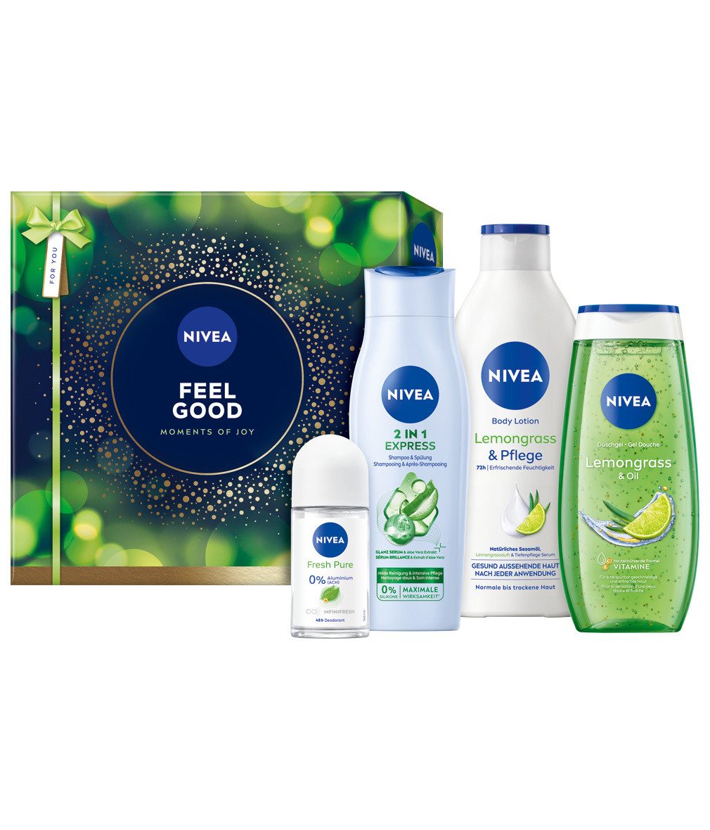 Nivea Hautpflege-Set Feel Good Geschenkset 4-teilig Duschgel Shampoo Body Lotion Deo Pflege Geschenkset, 4-tlg., 4-teiliges Geschenkset für die tägliche Pflegeroutine