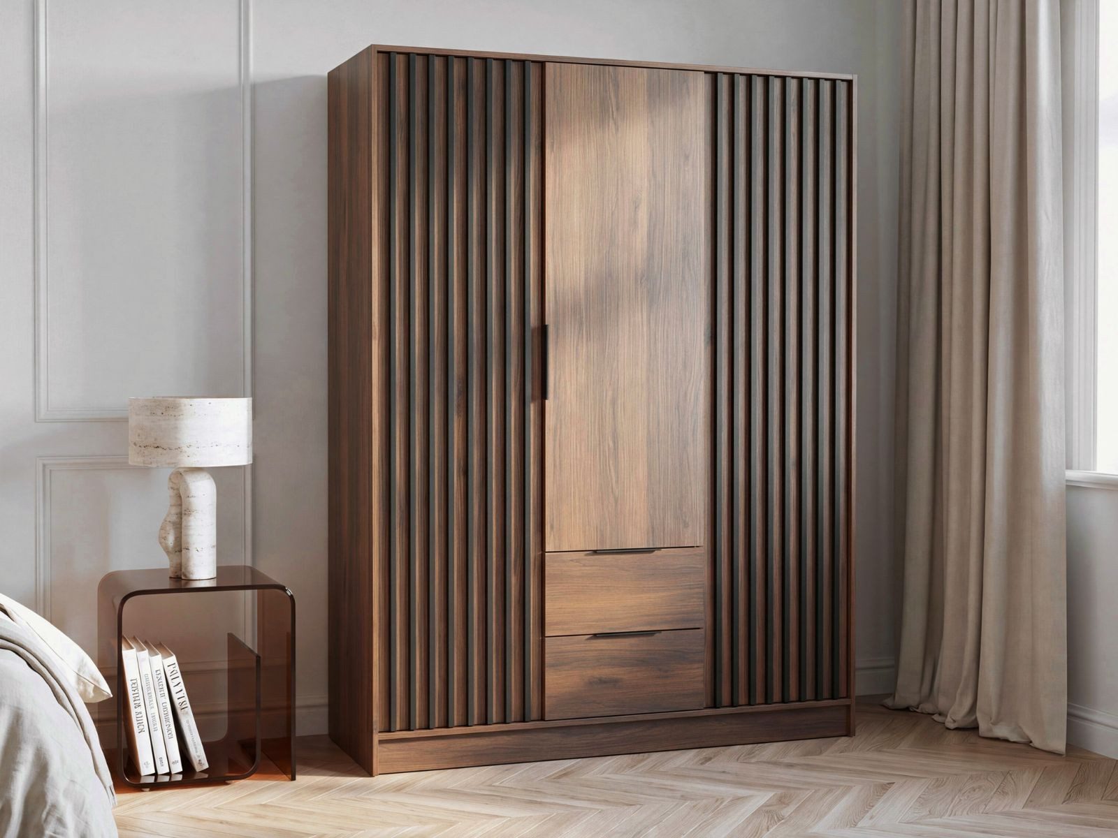 Compleo Kleiderschrank mit 2 Schubladen und 3 Türen LISA, Nussbaum (Drehtürenschrank geräumig) 155x51x200cm