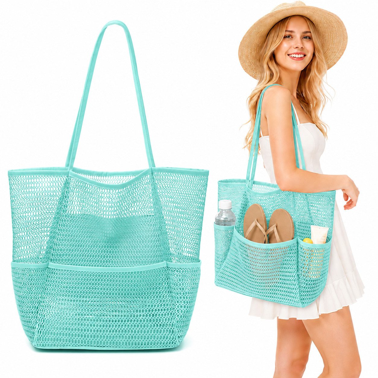 nsihing Strandtasche Strandtasche Damen Mesh, Große Faltbare Beach Tote mit Mini Fach, Leicht, Sandfest für Pool, Urlaub, Reise & Kreuzfahrt