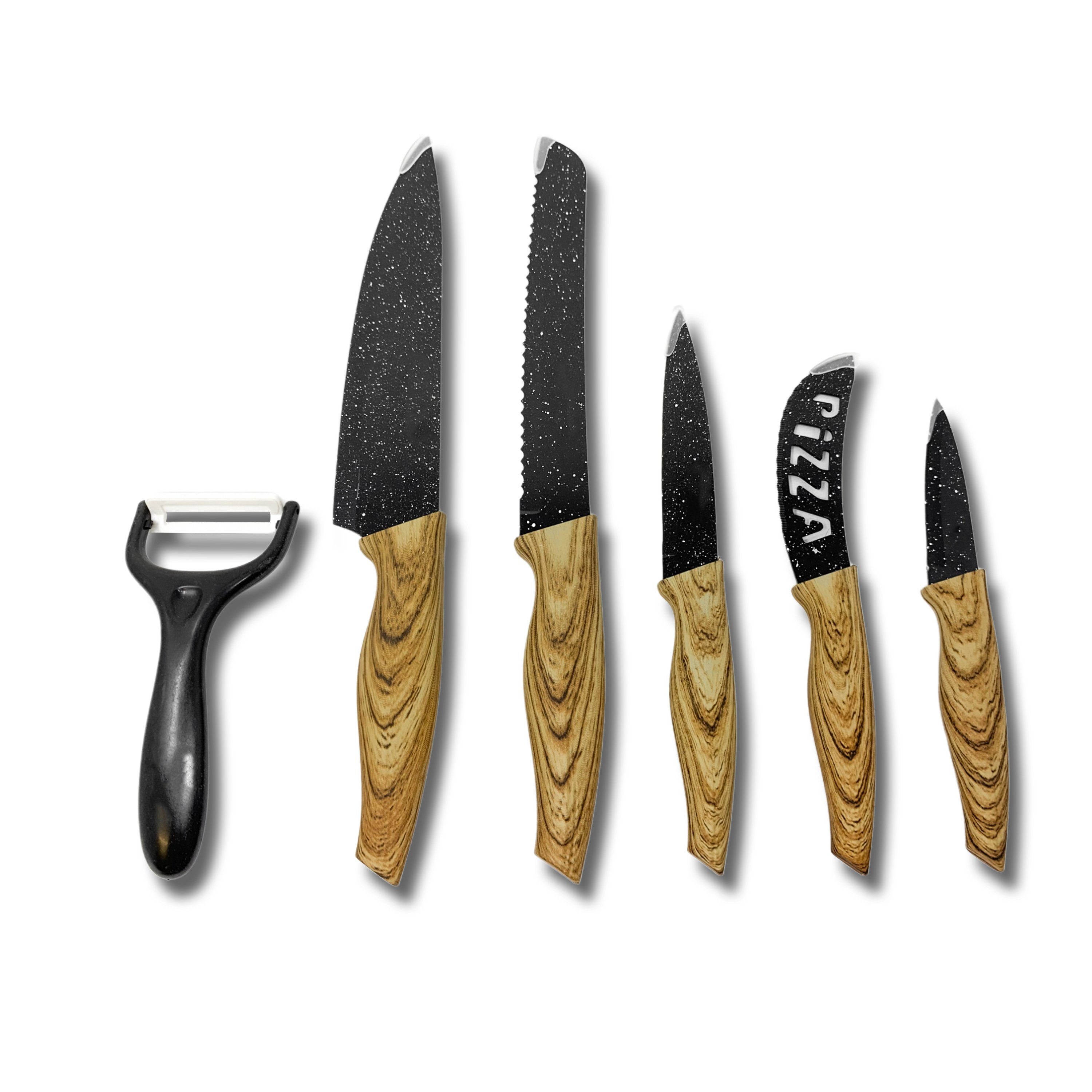 H-basics Messer-Set 6 teiliges Messerset - Kochmesser, Universalmesser,  Brotmesser, Pizzamesser, Schälmesser, Antihaft Beschichtung, Marmor  beschichtet