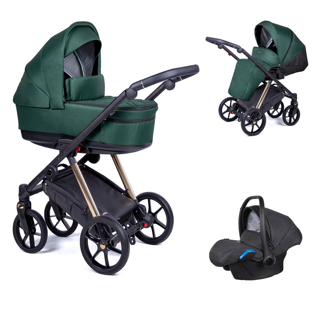 babies-on-wheels Kombi-Kinderwagen 3 in 1 Kinderwagen-Set Axxis - 15 Teile - in 24 Designs Tannengrün = Gestell gold