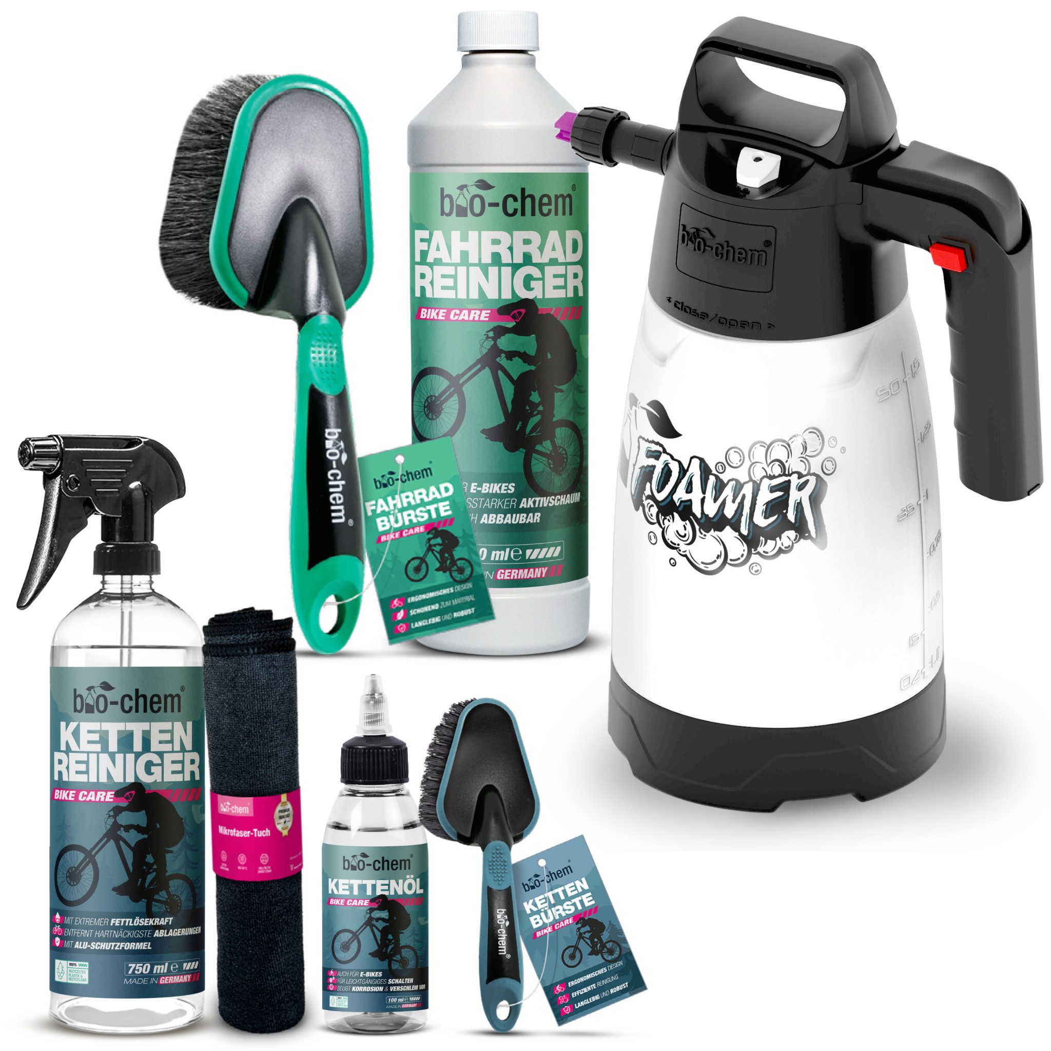 bio-chem Fahrradreiniger-Set – Professionelle Reinigung & Pflege inkl. Zubehör Zweiradreiniger (Bundle, [- Fahrrad-Reinigung PREMIUM -SET 7-teilig Mit Schutzkante & 4D-Bürste für Rundumreinigung)