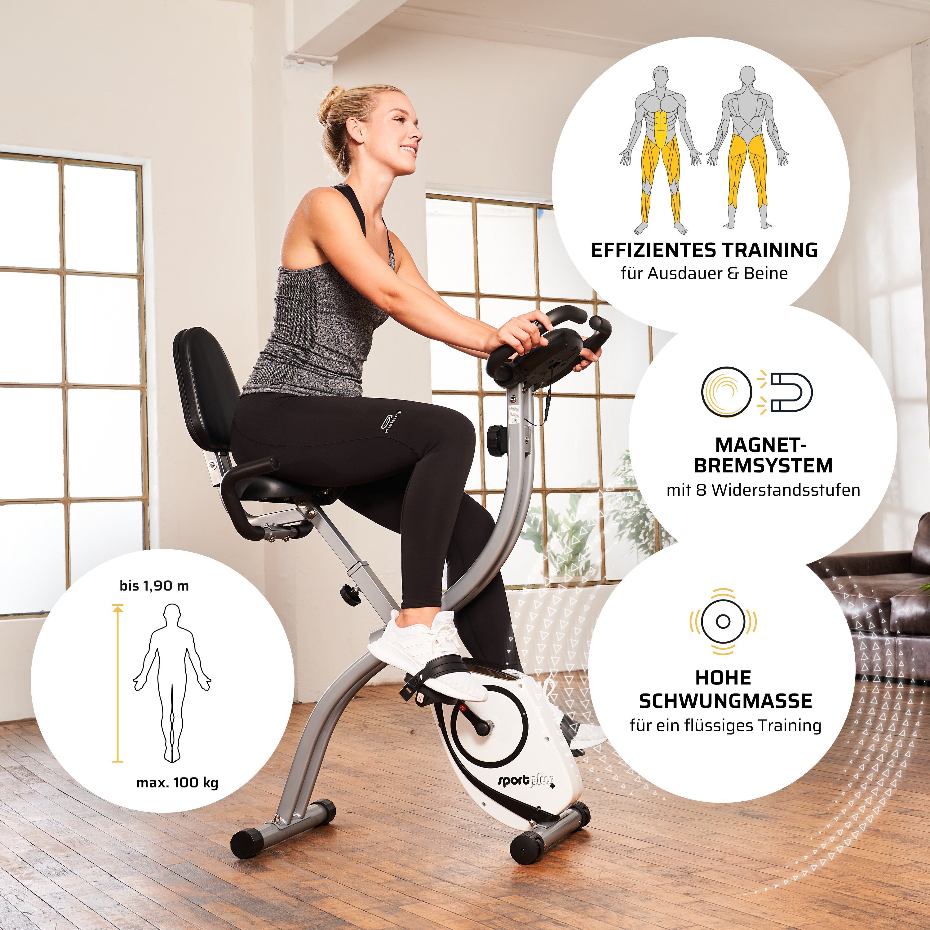 SportPlus Heimtrainer SP-HT-1003, S-Bike, Heimtrainer, klappbar, mit Rückenlehne & 8 Widerstandsstufen