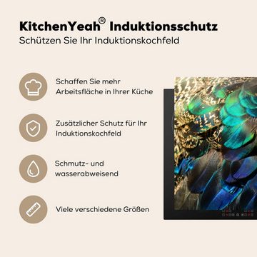 MuchoWow Herdblende-/Abdeckplatte Federn - Pfauenfedern - Pfau - Blau - Kunst, Vinyl, (1 tlg), 60x52 cm, Mobile Arbeitsfläche nutzbar, Ceranfeldabdeckung