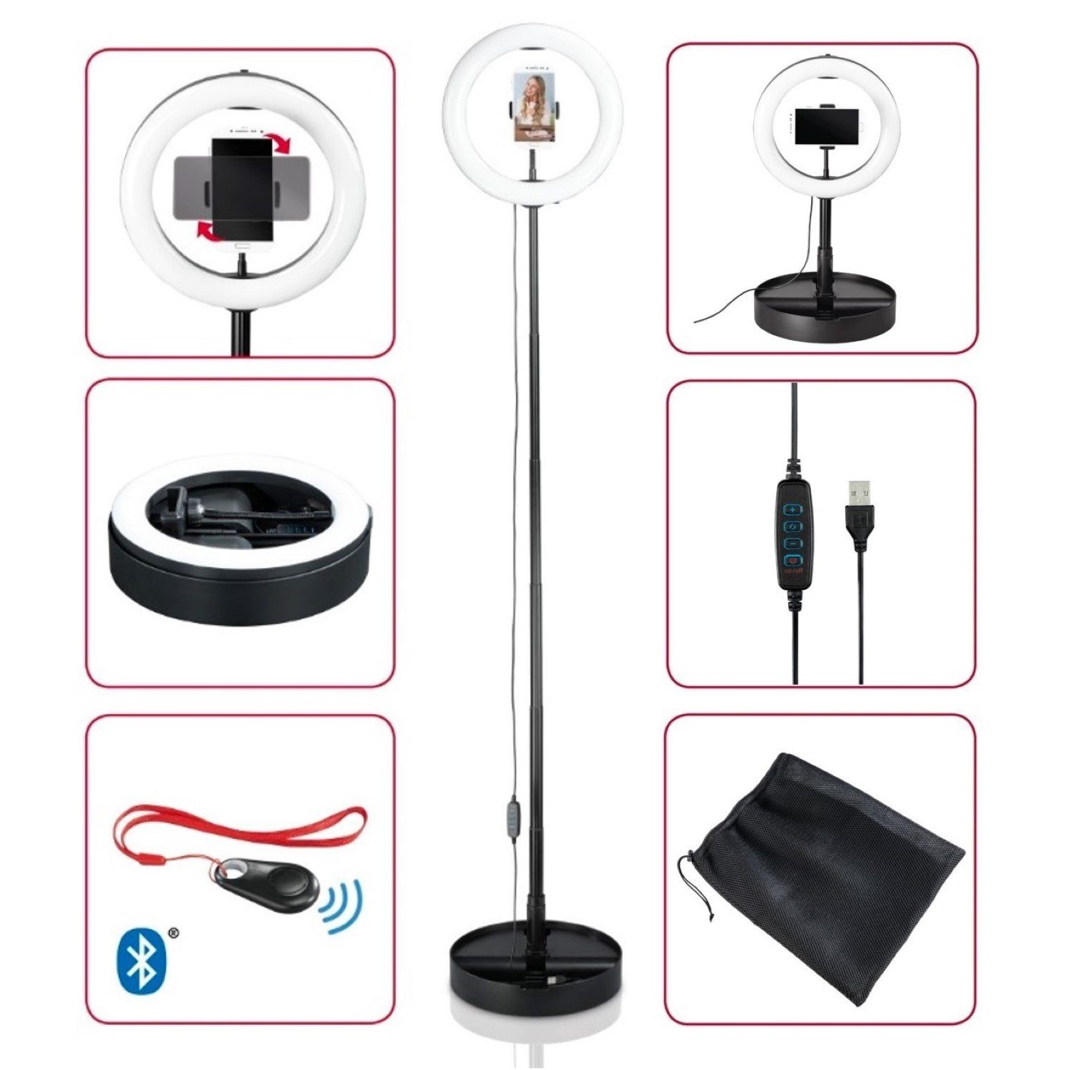 Hama USB LED Ringlicht Set mit Stativ bis 138cm Kamerastativ (Ringleuchte mit verstellbarem Ständer, 3 Stufen, Bluetooth Auslöser)