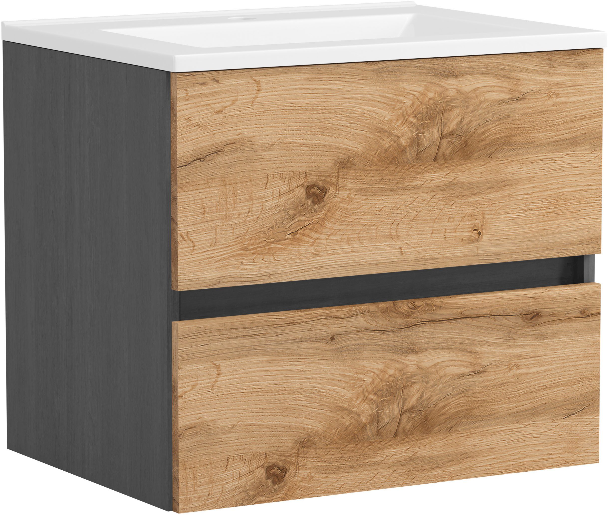 OTTO home Waschtisch BOZEN, 2 Auszüge inklusive Becken und Montagematerial (Badezimmerschrank, grifflos, einfache Montage, Bad-Einrichtung), Maße (B/H/T): ca. 60/52/45 cm, Badmöbel, Waschtisch, Stauraum, modern