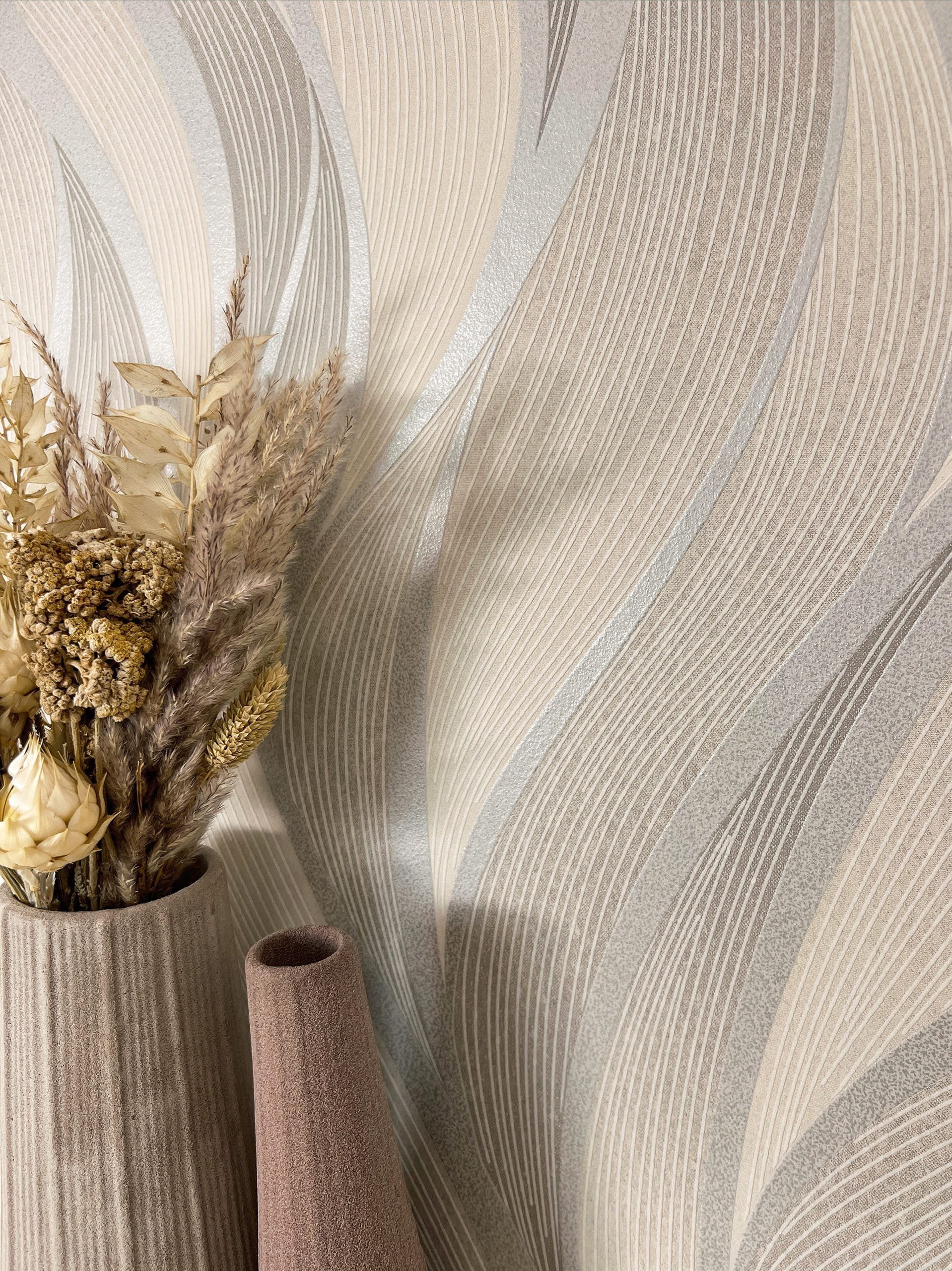 Newroom Vliestapete, Beige Tapete Streifen Wellen - Wellenmuster Metallic G günstig online kaufen