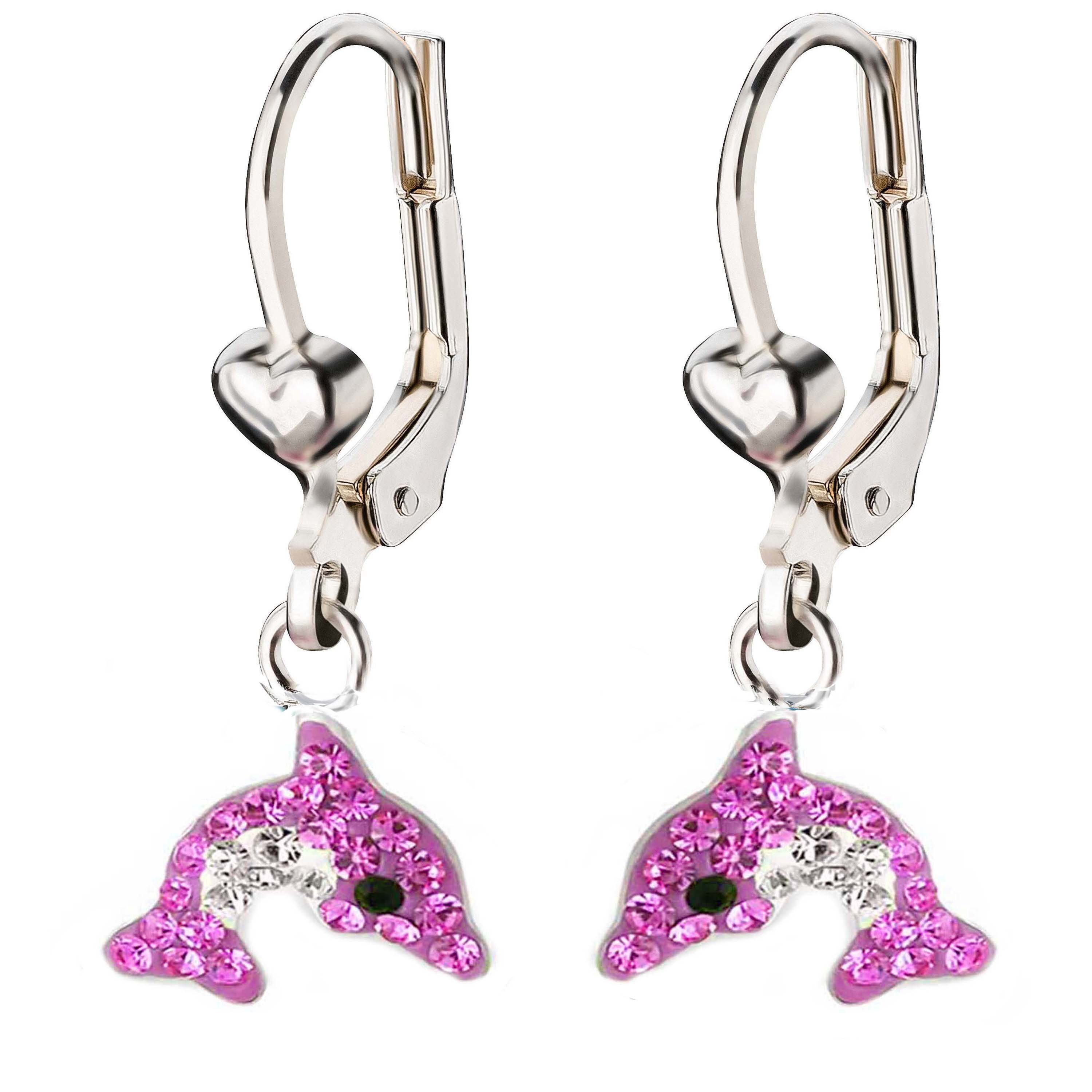 schmuck23 Paar Ohrhänger Kinder Ohrringe Delfin 925 Silber, Kinderschmuck Kristalle Mädchen Geschenk Pink/Klar