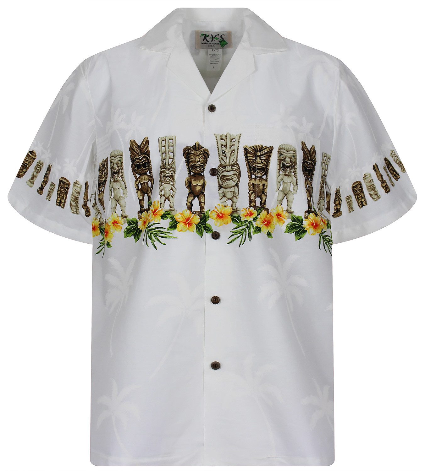 KY's Hawaiihemd "Totem" Herren Kurzarm Baumwolle Kokosknöpfe Original Hawaii