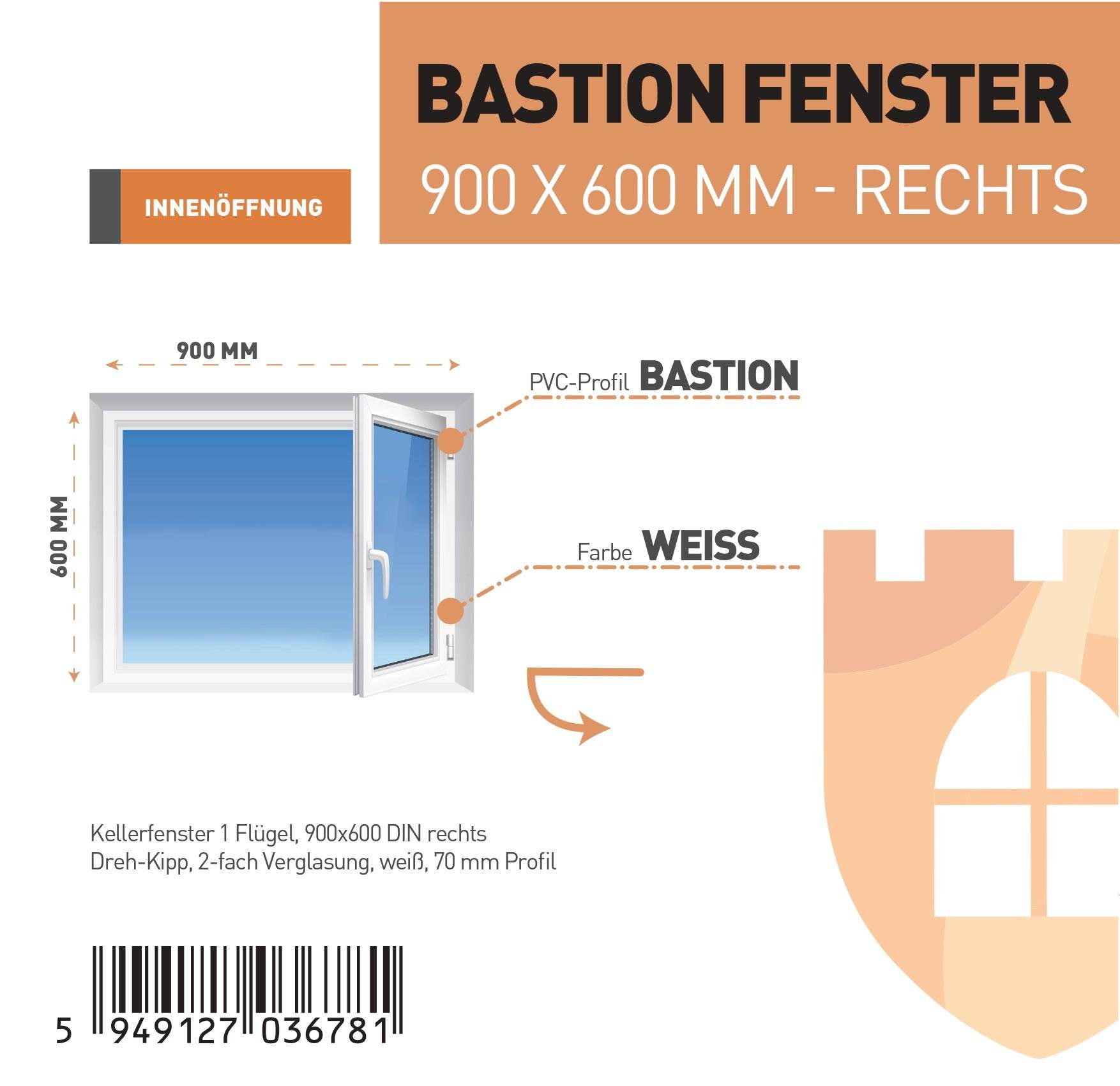 mm DECO 5-Kammer-Profil Hochwertiges GROUP Verglasung 900x600 weiß 1 Sicherheitsbeschlag, Dreh-Kipp SN Flügel (Set), Profil, 70 Kellerfenster RC2 2-fach