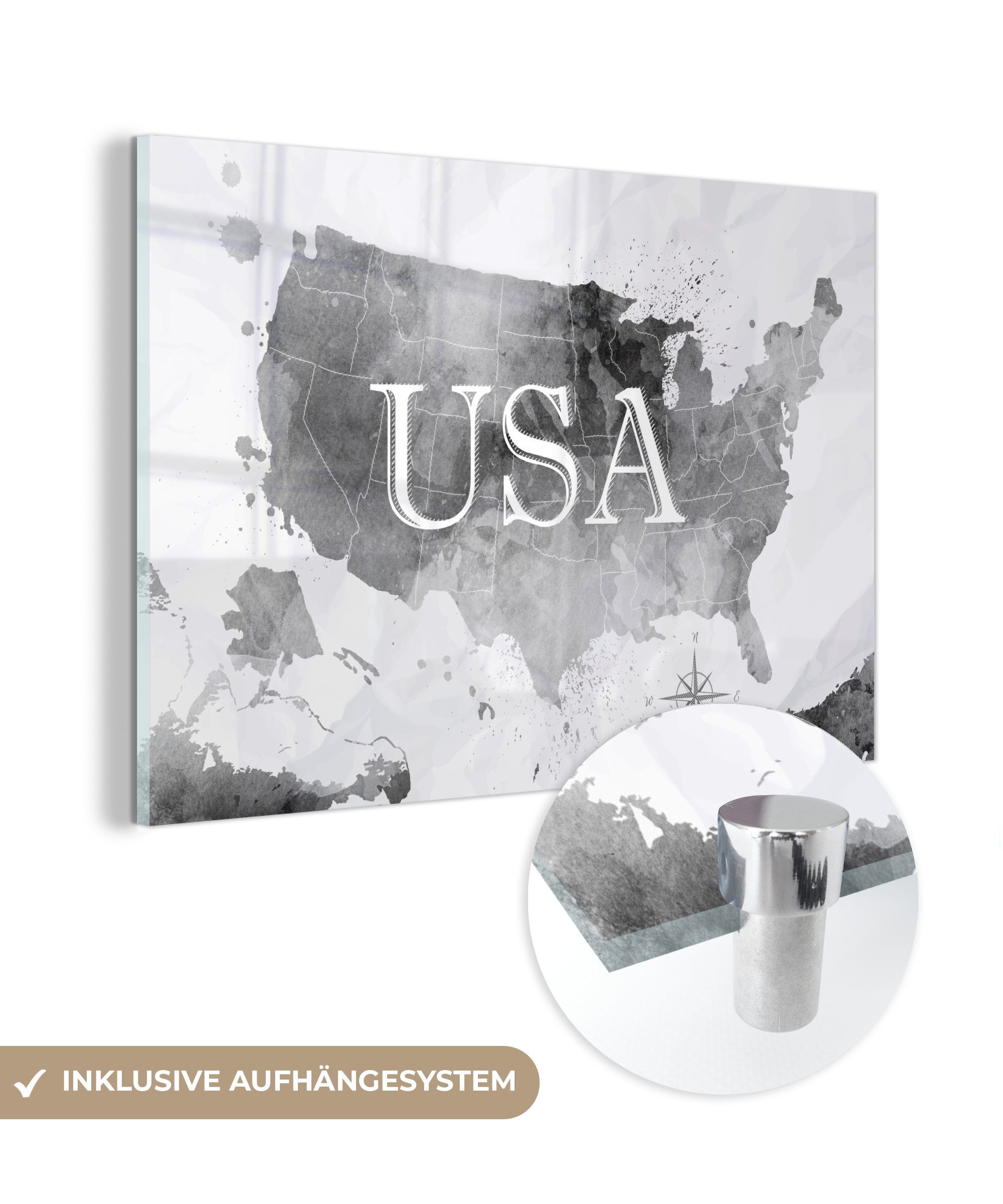 MuchoWow Acrylglasbild Weltkarte - Aquarell - Vereinigte Staaten, (1 St), Glasbilder - Bilder auf Glas Wandbild - Foto auf Glas - Wanddekoration