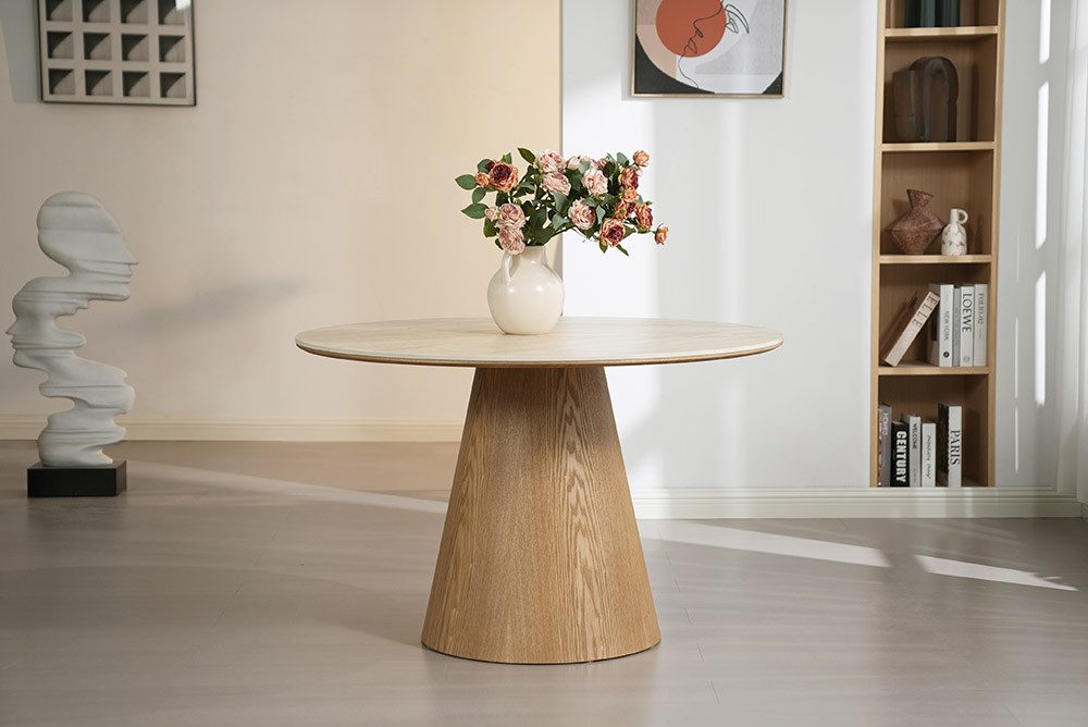 riess-ambiente Esstisch UNIQUE 120cm hellbraun / natur · runder Küchentisch mit Keramik-Platte (Einzelartikel, 1-St), 4 Personen · Säulenfuß · Eiche-Echtholzfurnier · Travertin-Design
