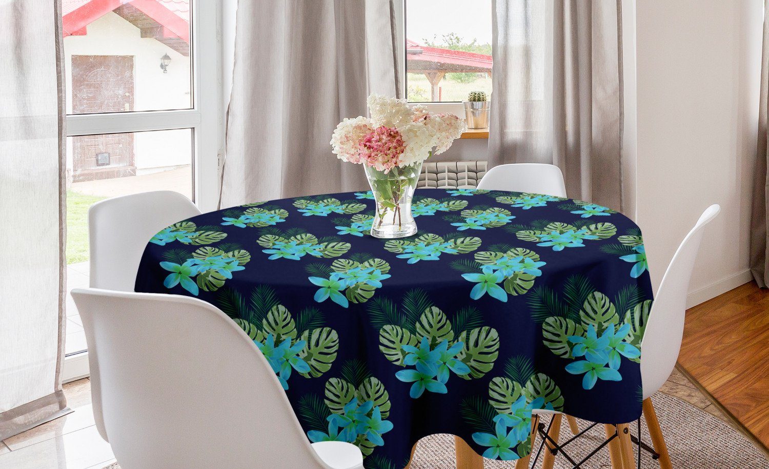 Abakuhaus Tischdecke Kreis Tischdecke Abdeckung für Esszimmer Küche Dekoration, Tropisch Blühende Blumen und Blätter