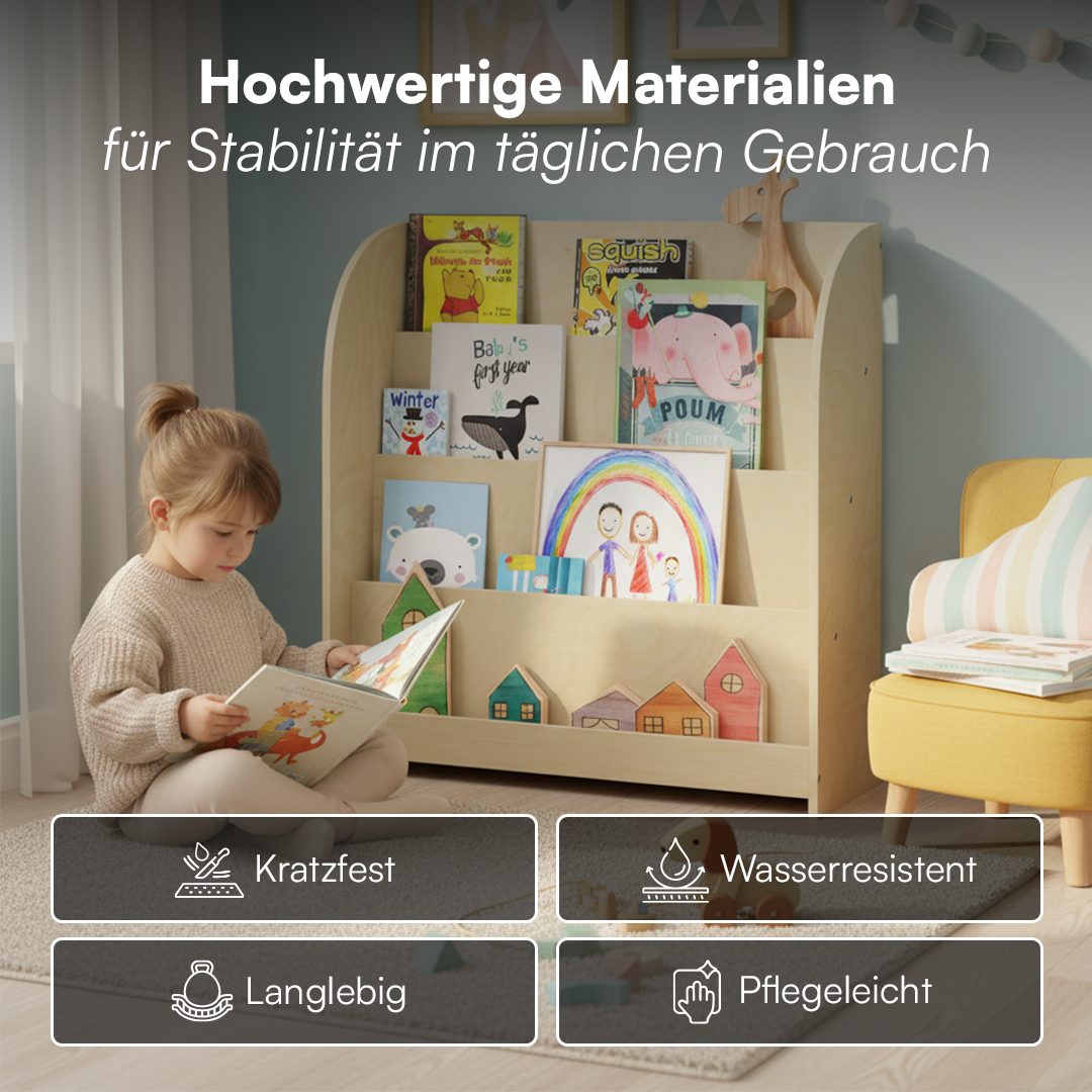 Bellabino Kinderregal Baru mit 4 großzügigen Ablagefächern, natur unbehandelt, Spielzeugregal 88x30x80 cm, Bücherregal Holz, mit 4 breiten Fächern für Bücher &  – Bild 5 von 5