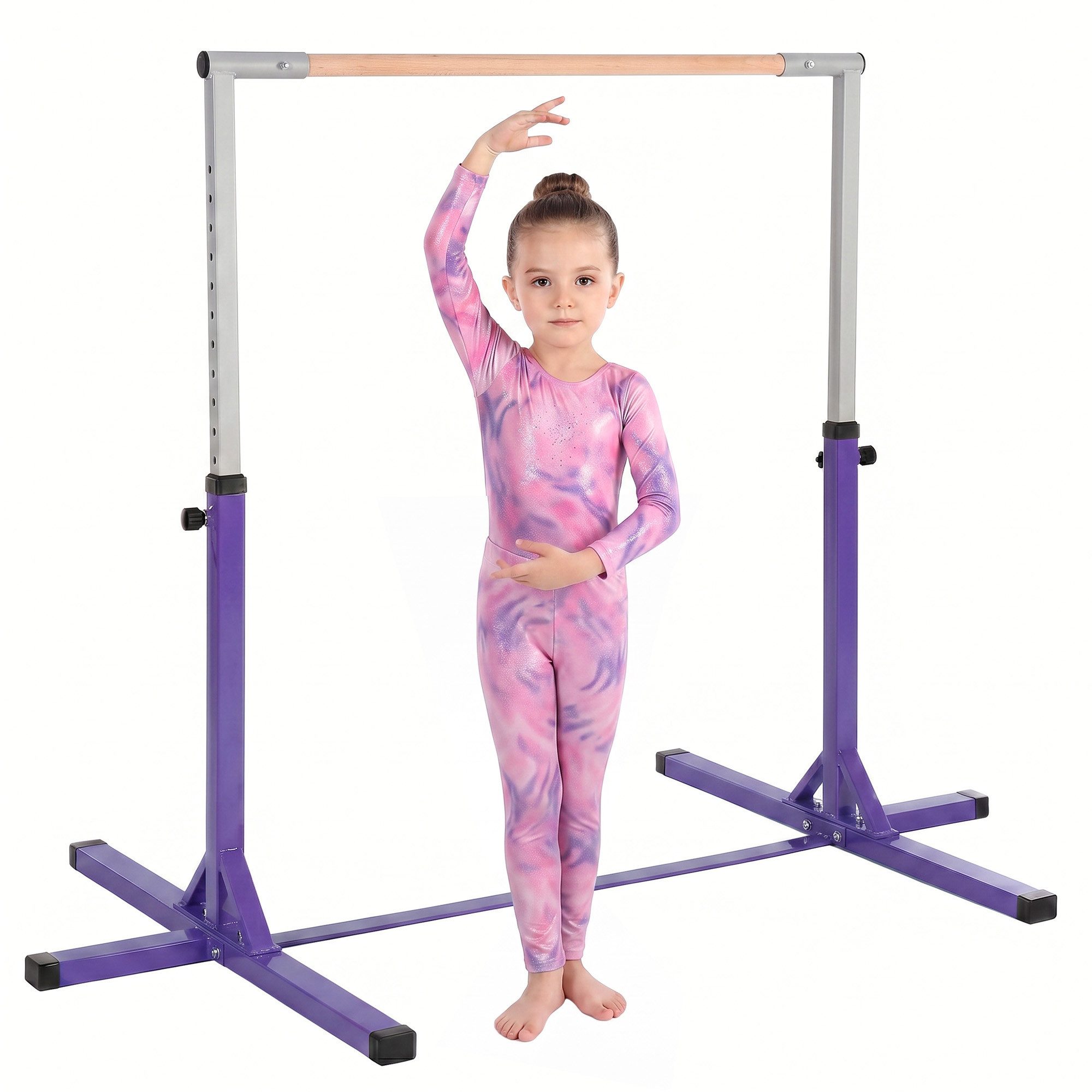HOMCOM Turnreck Gymnastikstange höhenverstellbar Stahlkonstruktion bis 75 kg, (Turnstange aus Holz, 1-St., Reck), für 3+ Kinder, Indoor, Outdoor, Violett