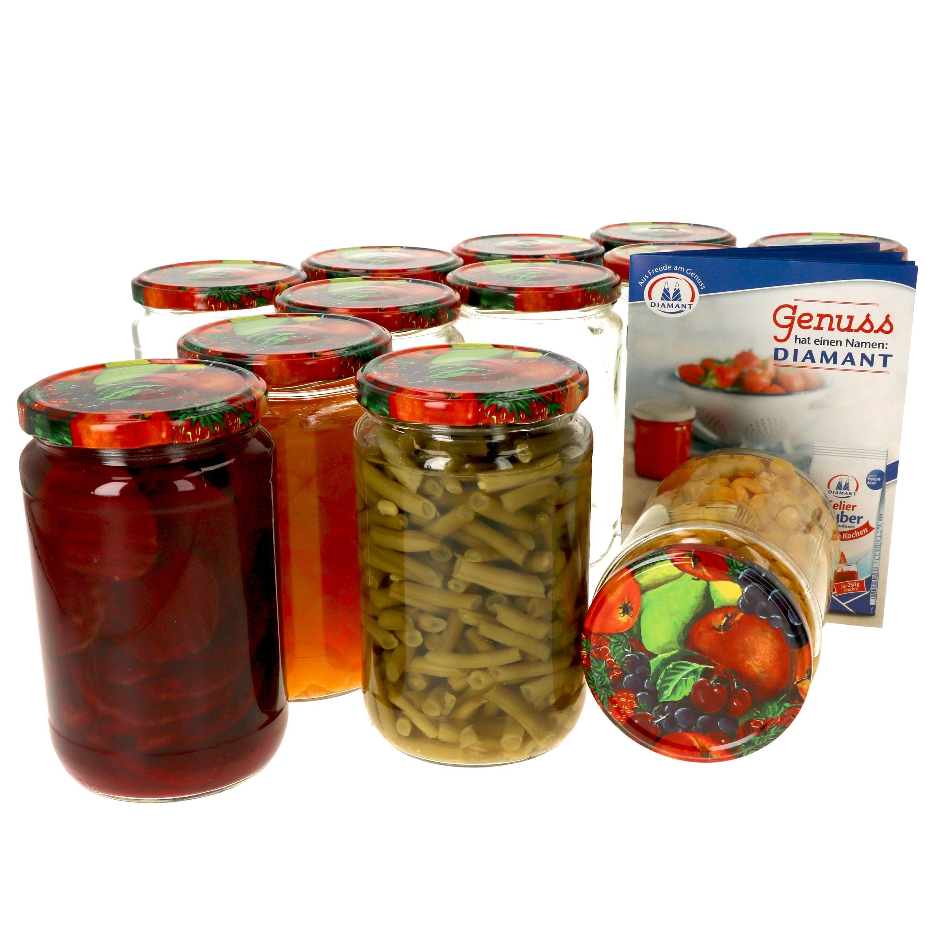 Einmachglas 12er Set Rundglas 720 ml To 82 Obst Dekor Deckel incl. Rezeptheft