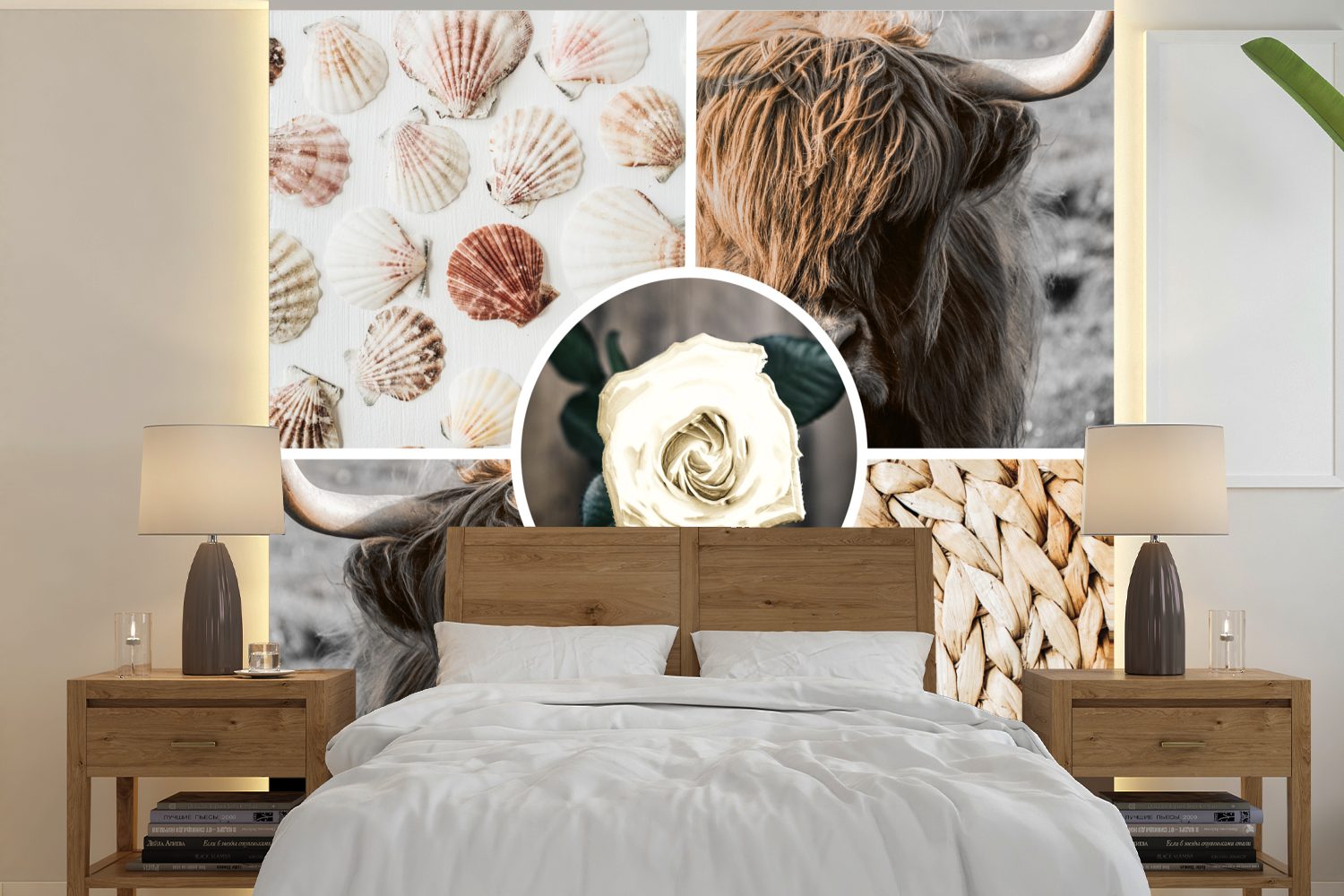 Muscheln Fototapete Vinyl Rose, Wandtapete Matt, - Highlander Schlafzimmer, (5 für - bedruckt, Tapete - oder St), Wohnzimmer MuchoWow Collage Schottischer