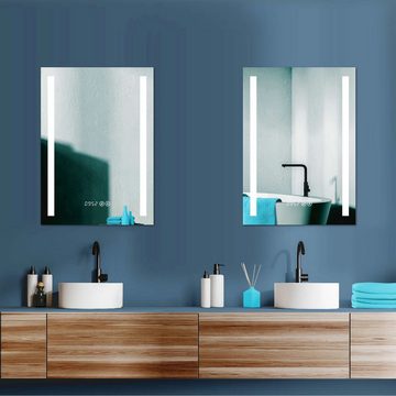 HOKO Badspiegel LED Antibeschlag Wandspiegel 50x70/60x80cm+Uhr+LED Wechsel (Warmweiß - Kaltweiß - Neutral. Licht mit Touch Schalter und mit Wandschalter einschaltbar. Memory-Funktion.IP44, 5mm HD Glass)