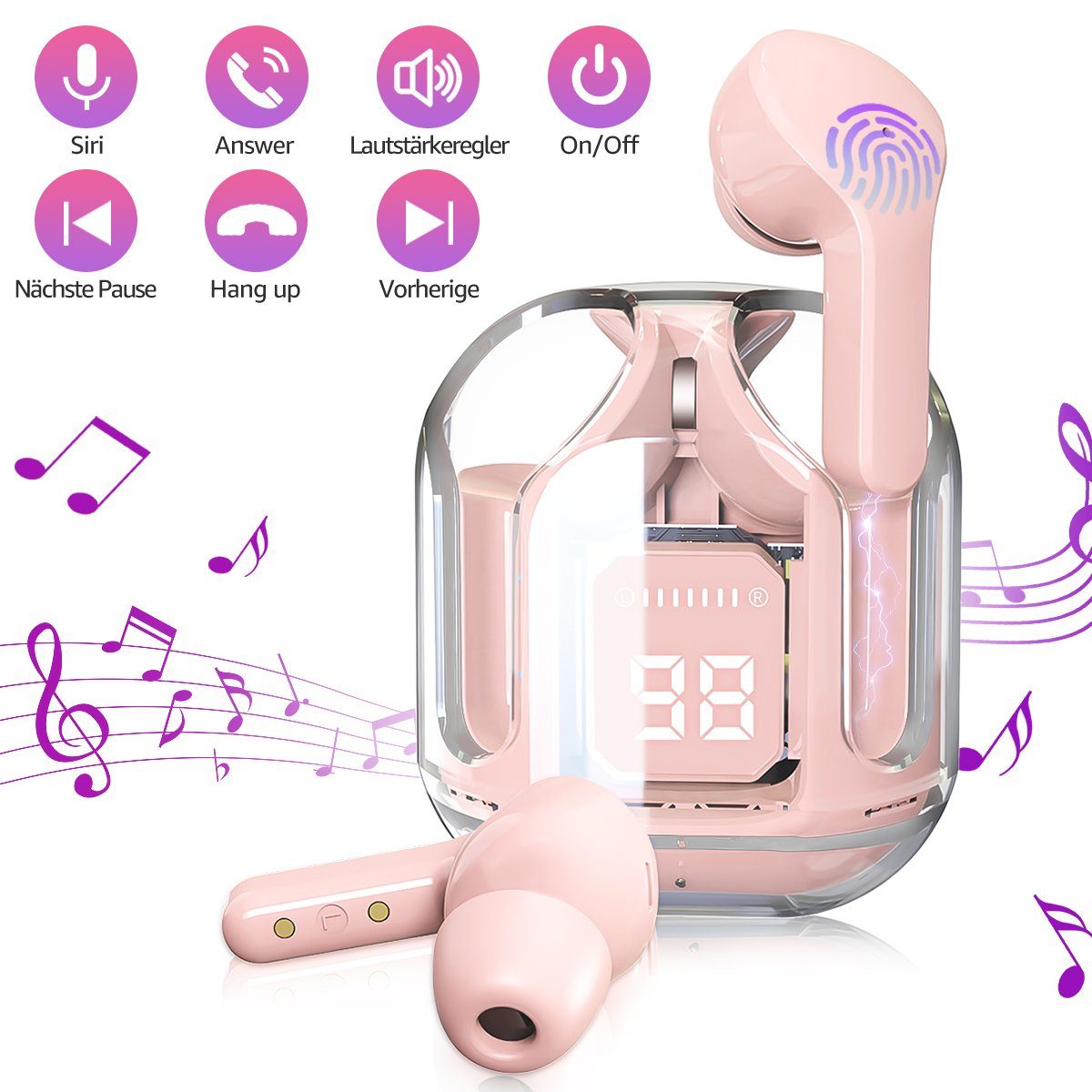 VSIUO 2024 NEU Kabellos Kopfhoerer TWS Gaming Kopfhörer Crystal Transparent wireless In-Ear-Kopfhörer (Bluetooth 5.3 + EDR, Smart Touch Control, ENC Noise Cancelling Bluetooth Kopfhörer)