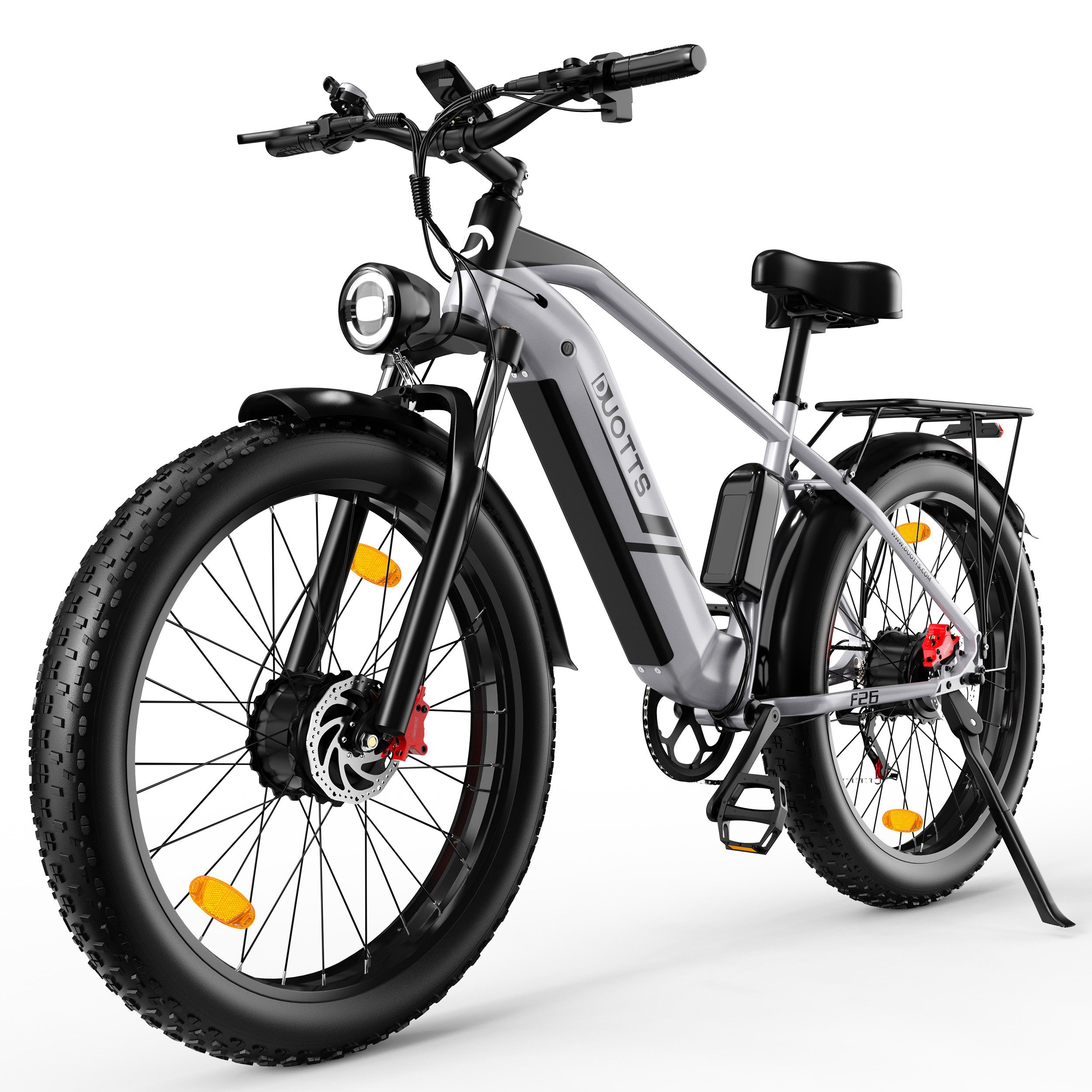 DUOTTS E-Bike Trekkingrad Mountainbike F26 26*4’’ All-Terrain EMTB mit Gepäckträger, 7 Gang Shimano, Kettenschaltung, Dualmotor, 960 Wh, Shimano 7 Gang 960Wh leistungsstarker Motor Alu-Rahmen mit Federgabel