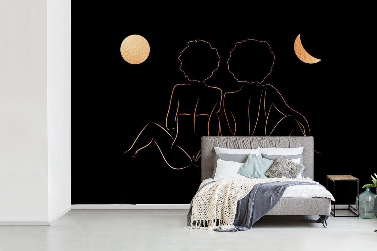 MuchoWow Fototapete Frauen - Mond - - Wohnzimmer, Gold Wallpaper Strichzeichnung, Schlafzimmer, Vinyl für Matt, Tapete Kinderzimmer, bedruckt, St), (6