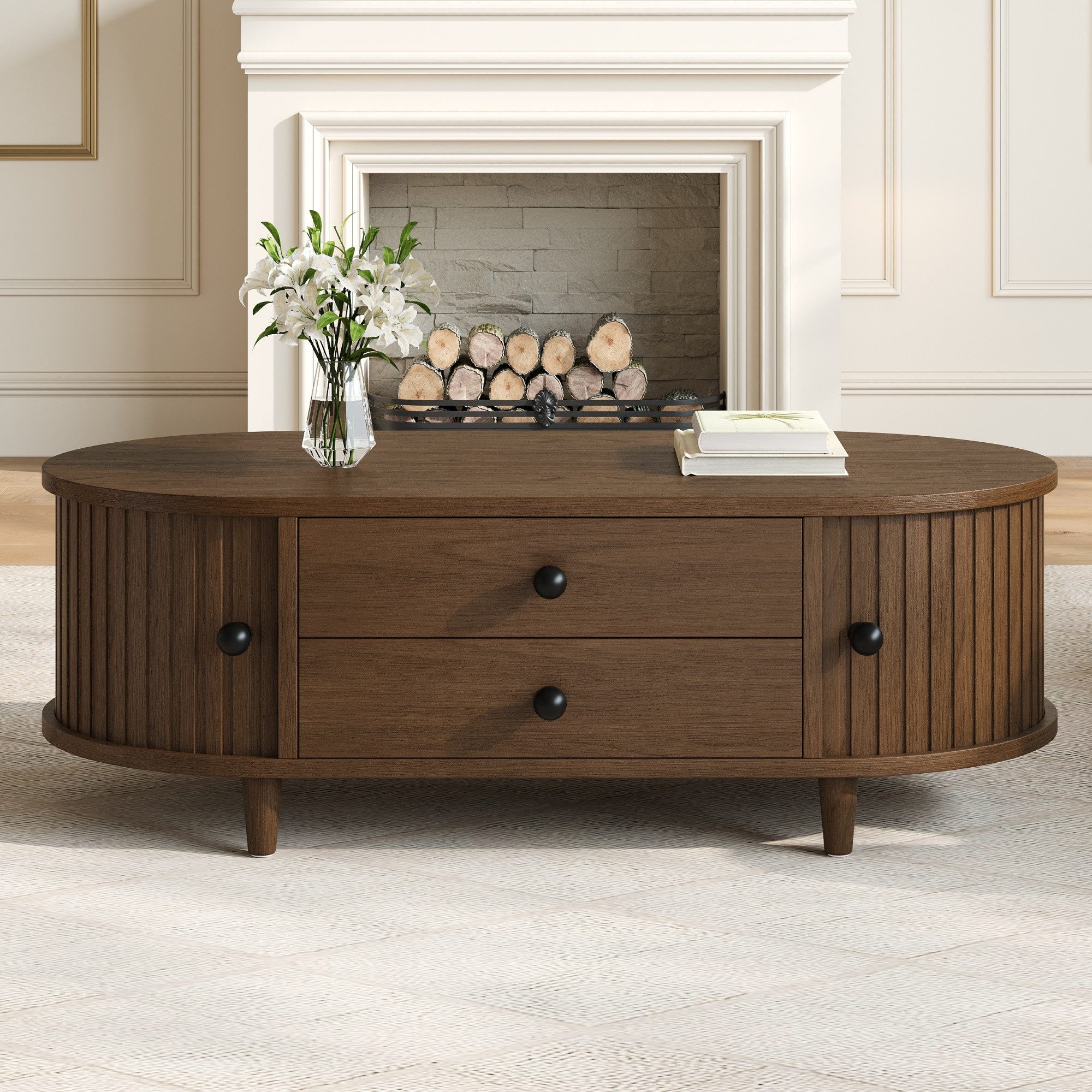 Merax Couchtisch Sofatisch oval Beistelltisch mit Massivholzbeinen (1-St), Wohnzimmertisch mit Rolltüren, 2 Schubladen & Stauraum, 100x50x36cm