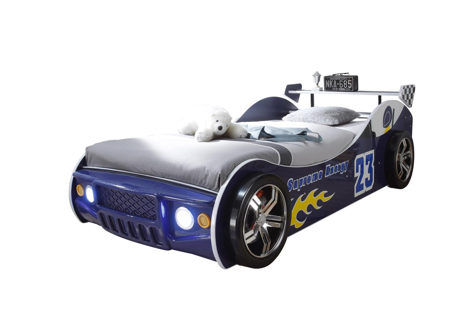 möbelando Autobett Letta, Autobett mit LED-Beleuchtung 90 x 200 cm -  Aufregendes Auto Kinderbett für kleine Rennfahrer in Blau - 105 x 60 x 225  cm (B/H/T)