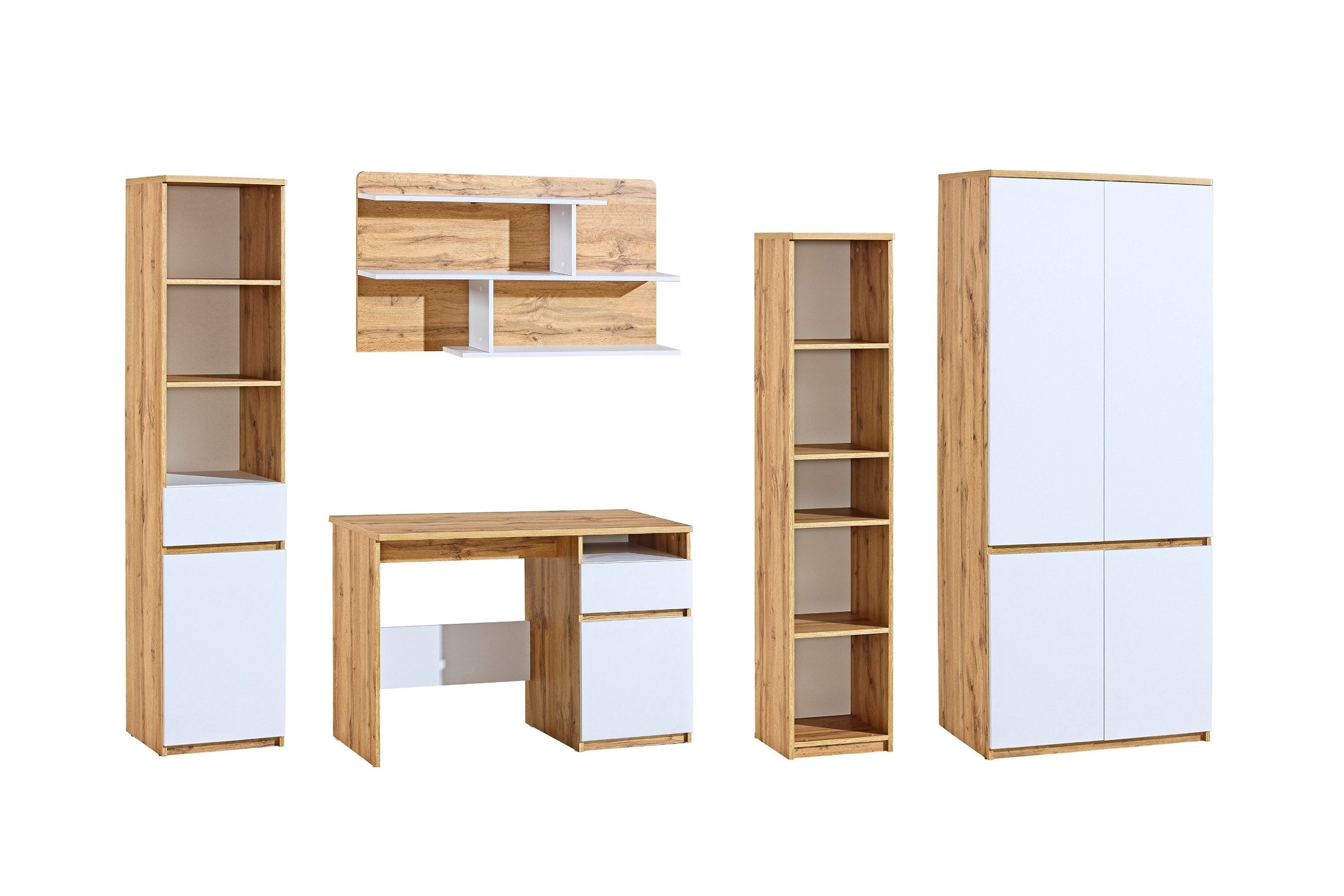 Deine Möbel 24 Jugendzimmer-Set ARCO B Kinderzimmer-Set Kindermöbel Jugendmöbel Kinderzimmer, (Set, 5-tlg., Regal Kleiderschrank Hängeregal Schreibtisch Bett optional), 3+7+11+12+1+9 (Bett optional) Weiß Matt Eiche Wotan