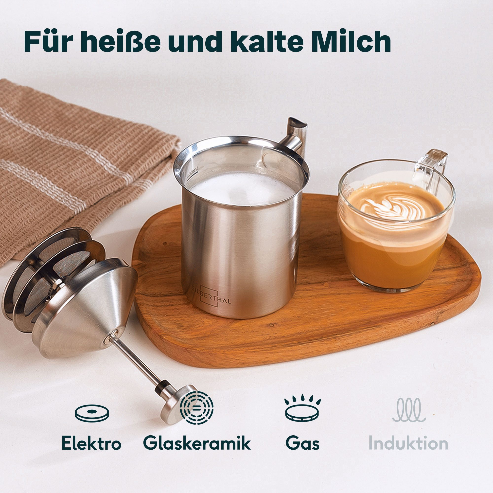 SILBERTHAL Milchaufschäumer manuell Edelstahl, 400ml, für heiß und kalten Milchschaum