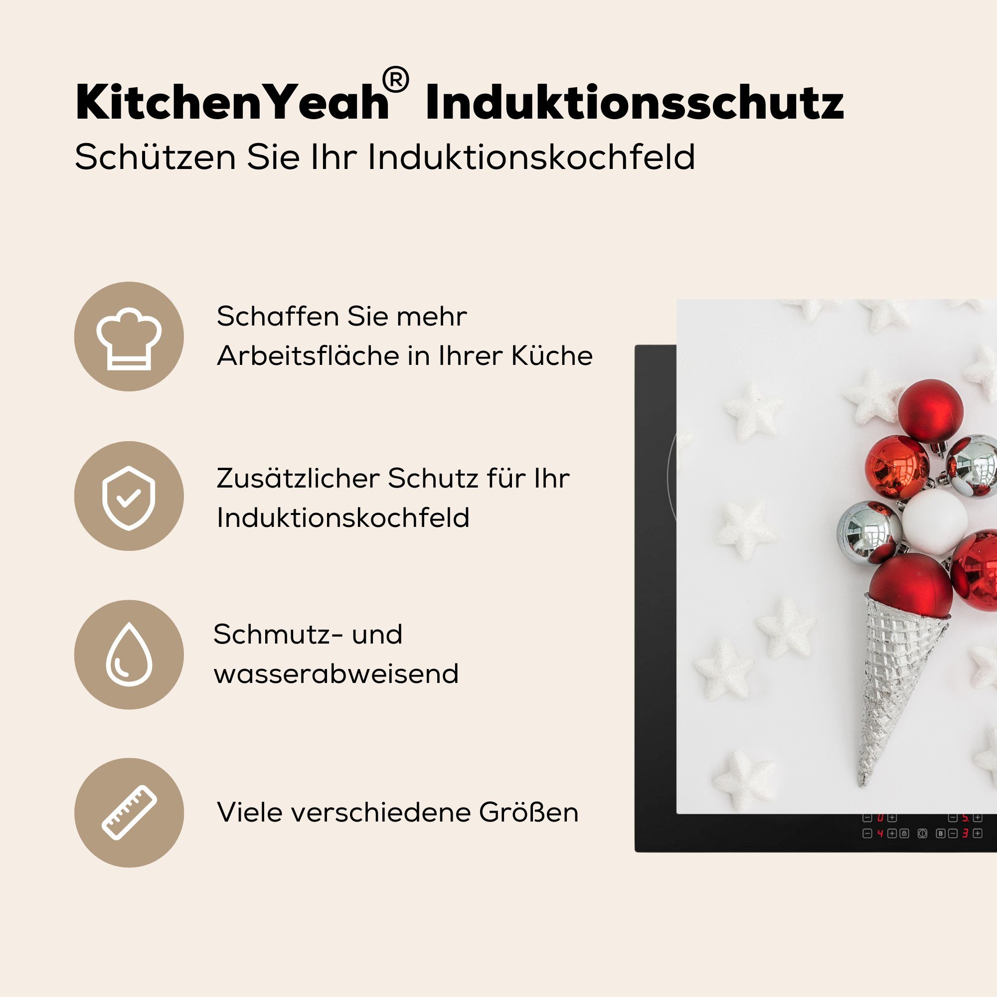 MuchoWow Herdblende-/Abdeckplatte Die Weihnachtsbaumkugeln in Eiscreme, für von Arbeitsplatte Vinyl, (1 tlg), 78x78 cm, küche Form Ceranfeldabdeckung